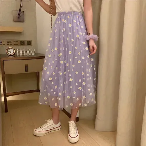 Girlary Korean Style Summer 2024 Daisy Print Purple Skirt Female Long High-Waisted A- Line Skirt Elastic Street Wear