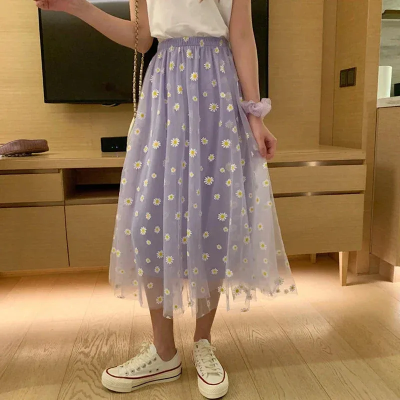 Girlary Korean Style Summer 2024 Daisy Print Purple Skirt Female Long High-Waisted A- Line Skirt Elastic Street Wear