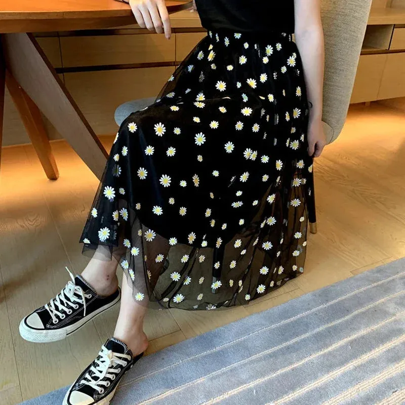 Girlary Korean Style Summer 2024 Daisy Print Purple Skirt Female Long High-Waisted A- Line Skirt Elastic Street Wear
