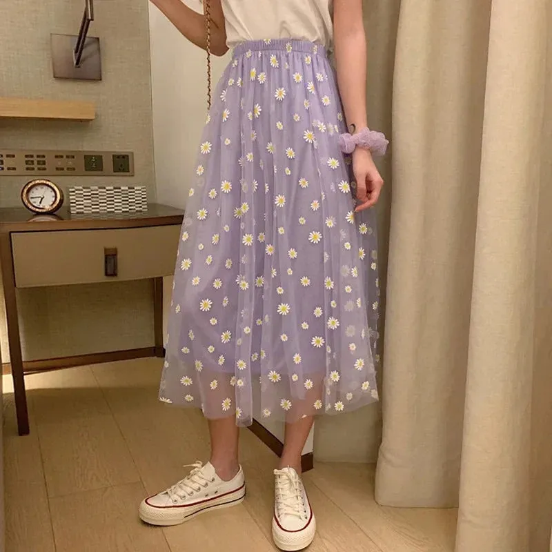 Girlary Korean Style Summer 2024 Daisy Print Purple Skirt Female Long High-Waisted A- Line Skirt Elastic Street Wear