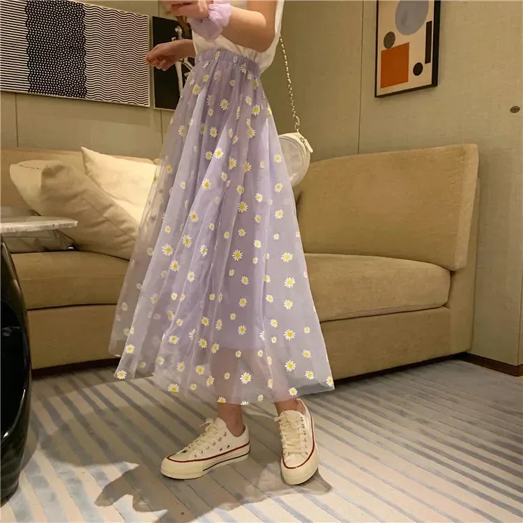 Girlary Korean Style Summer 2024 Daisy Print Purple Skirt Female Long High-Waisted A- Line Skirt Elastic Street Wear