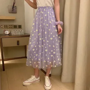 Girlary Korean Style Summer 2024 Daisy Print Purple Skirt Female Long High-Waisted A- Line Skirt Elastic Street Wear