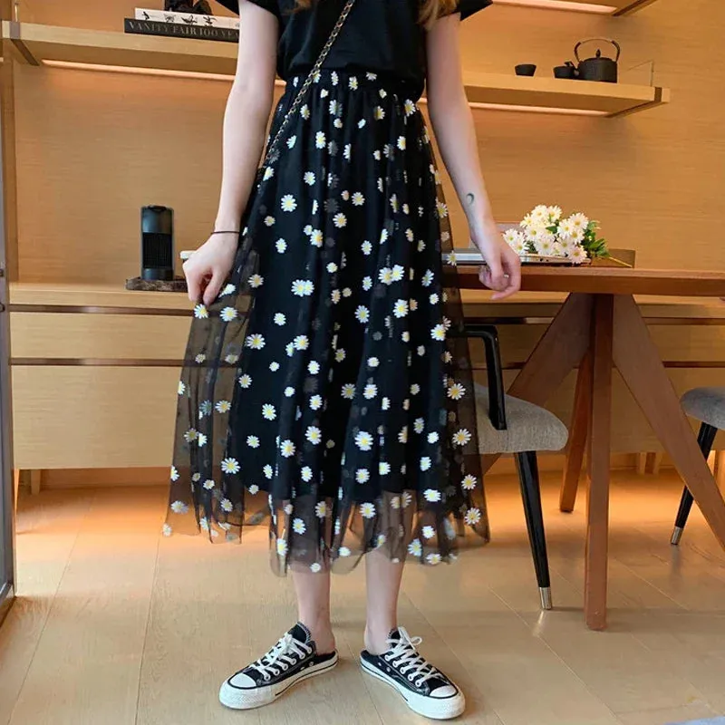 Girlary Korean Style Summer 2024 Daisy Print Purple Skirt Female Long High-Waisted A- Line Skirt Elastic Street Wear