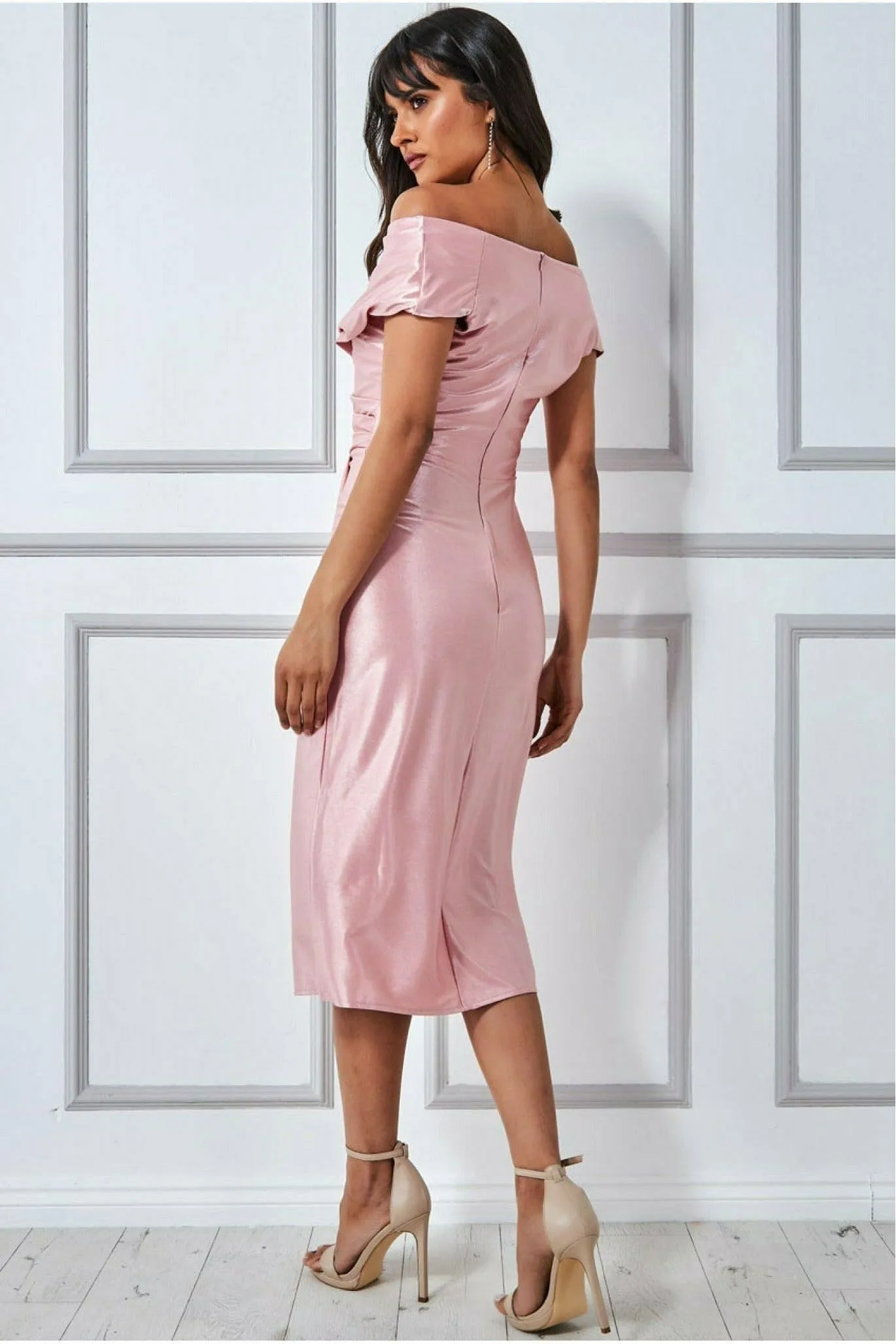 Goddiva Cowl Neck Bardot Satin Midi With Front Split - Blush