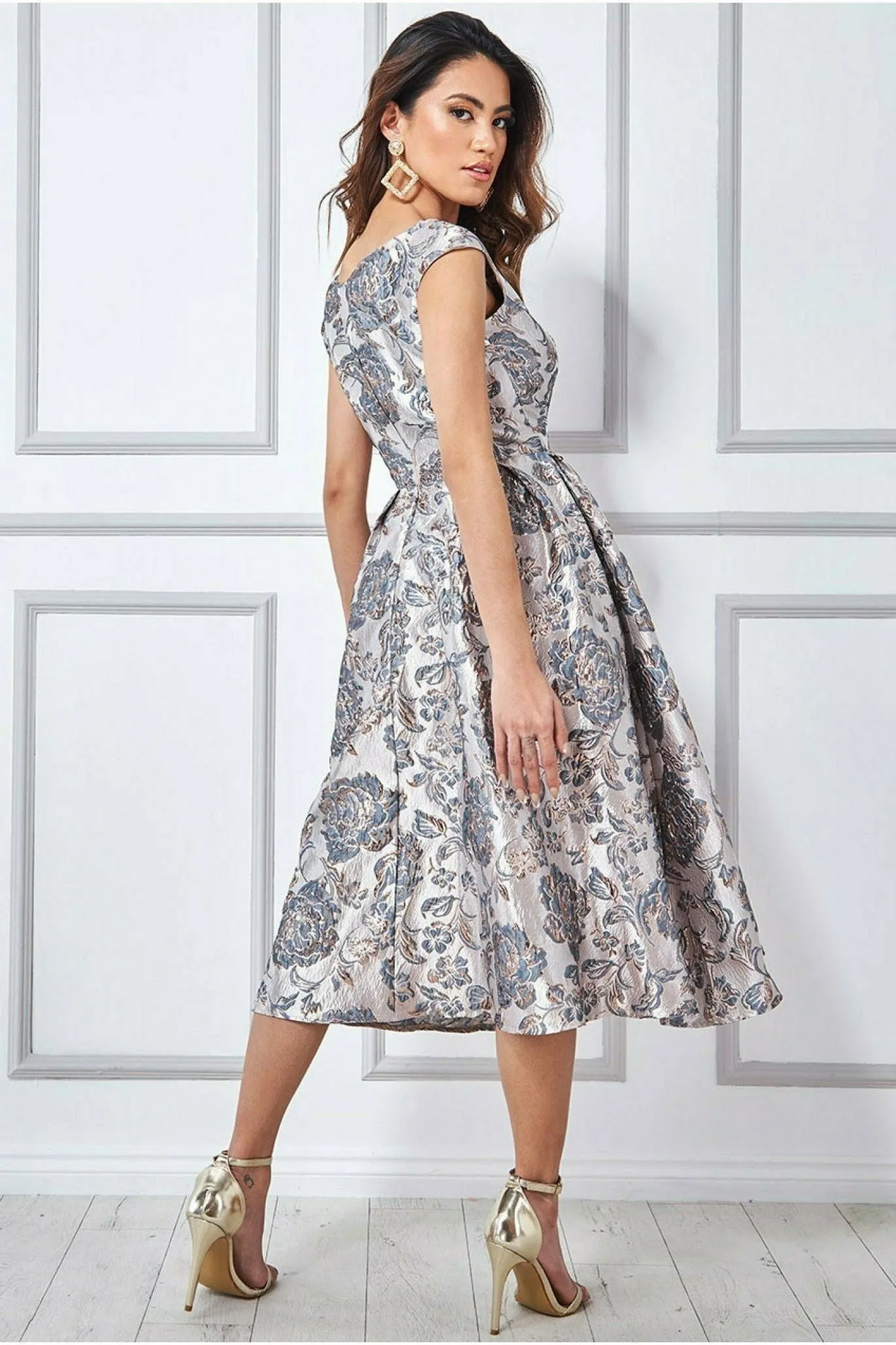 Goddiva Jacquard Off The Shoulder Midi Dress - Champagne