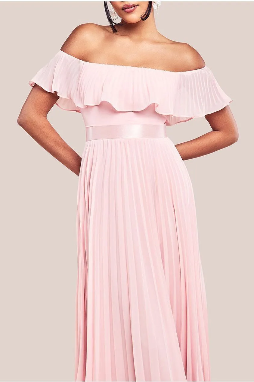 Goddiva Pleated Chiffon Off Shoulder Maxi Dress - Blush