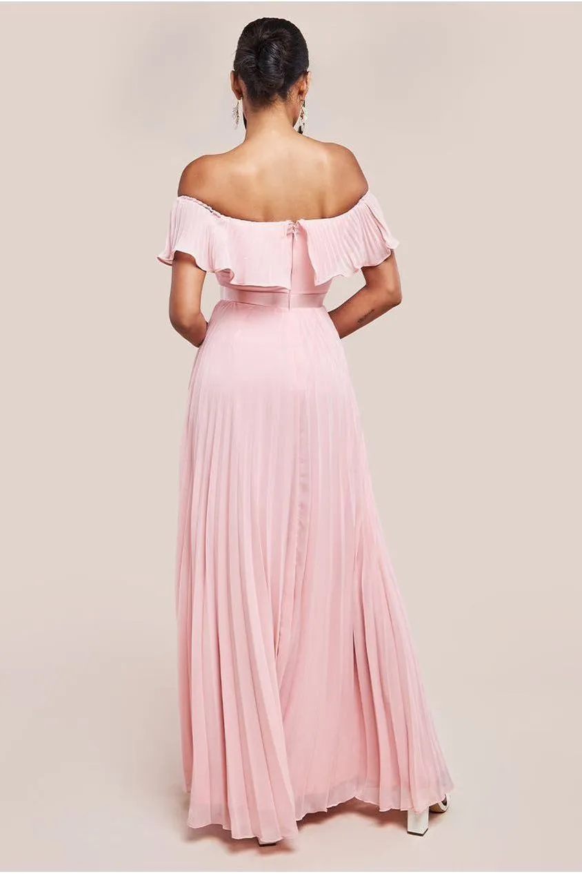 Goddiva Pleated Chiffon Off Shoulder Maxi Dress - Blush