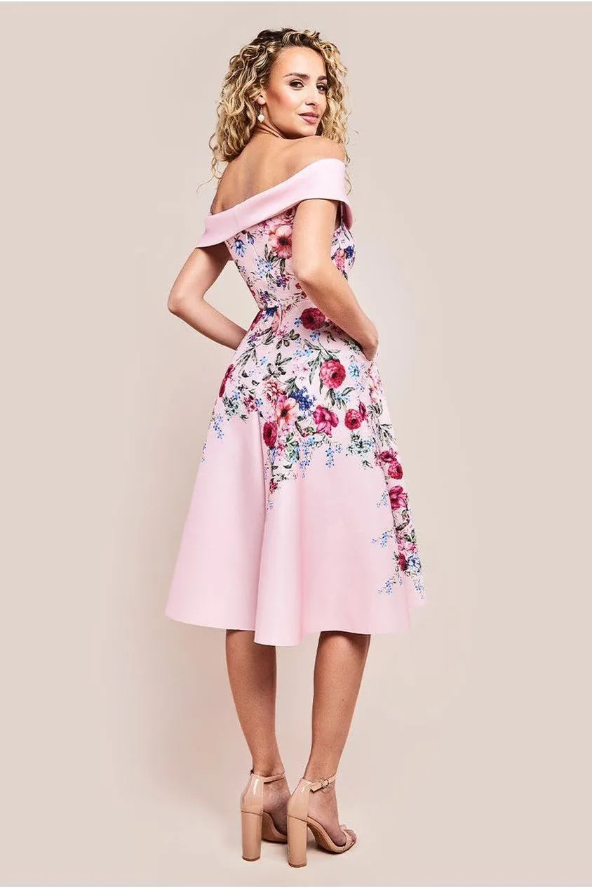 Goddiva Scuba Foam Floral Bardot Midi Dress - Blush