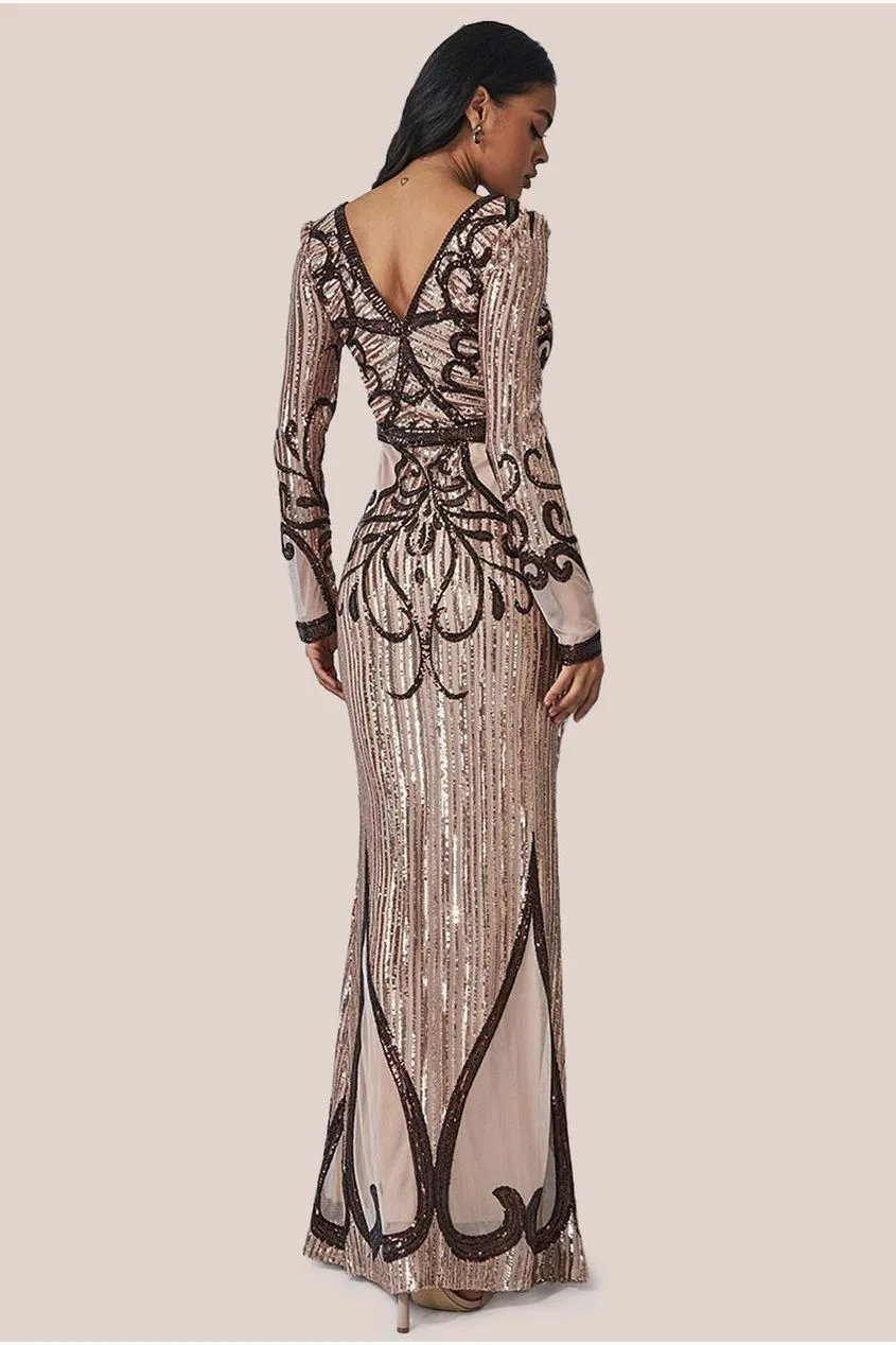 Goddiva Sequin & Mesh Embroidered Maxi - Champagne