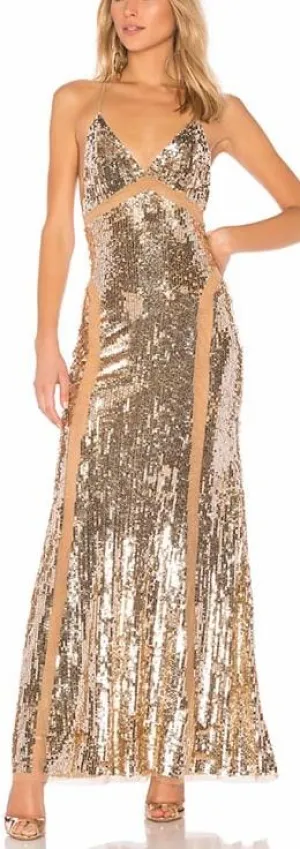 Gold Embellished Mesh-Paneled Gown