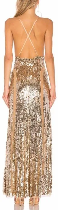 Gold Embellished Mesh-Paneled Gown