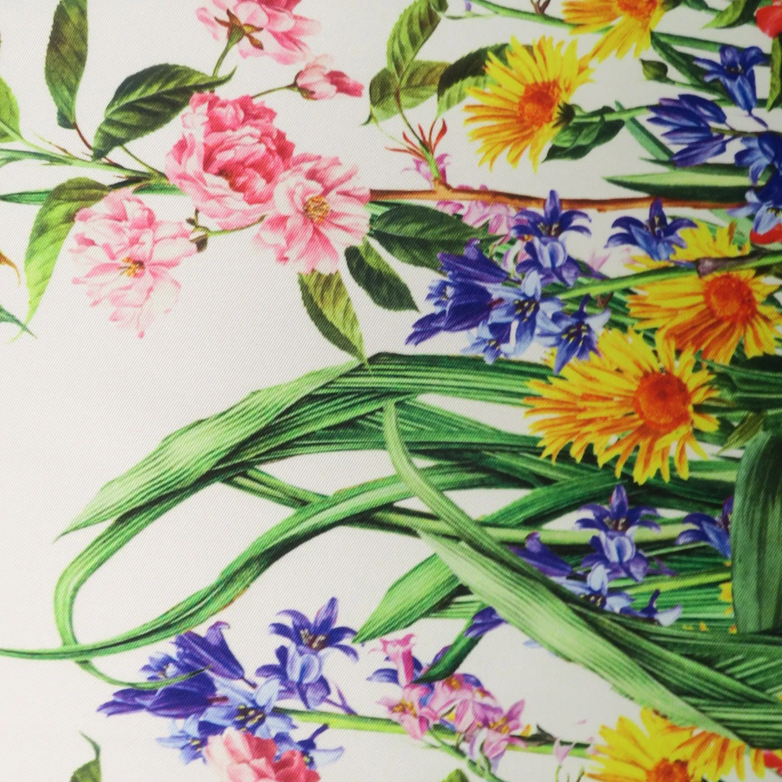 Green Floral on White Printed Polyester Mikado Fabric