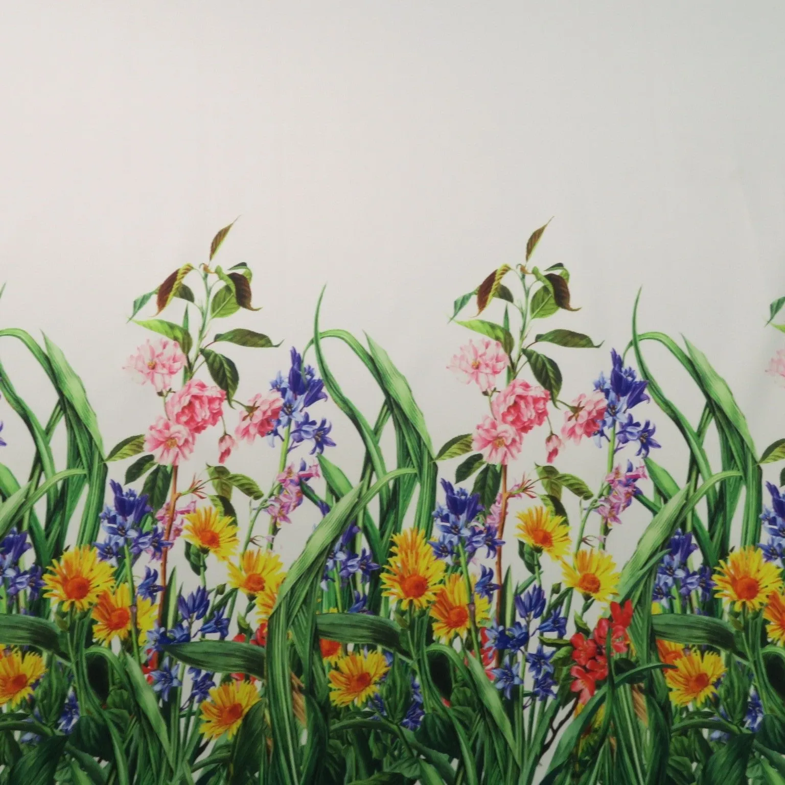 Green Floral on White Printed Polyester Mikado Fabric