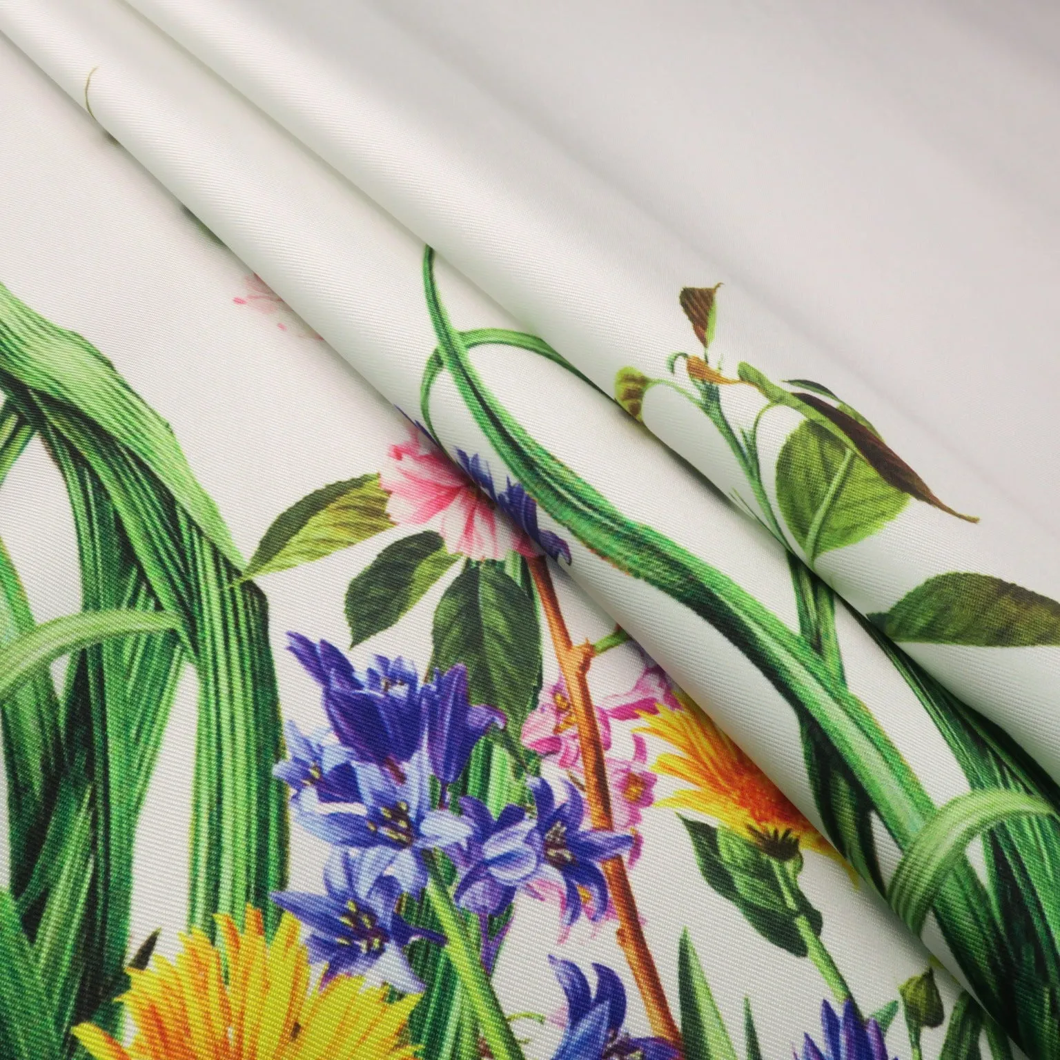 Green Floral on White Printed Polyester Mikado Fabric