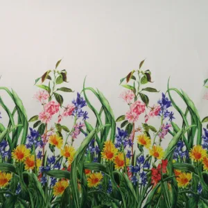 Green Floral on White Printed Polyester Mikado Fabric