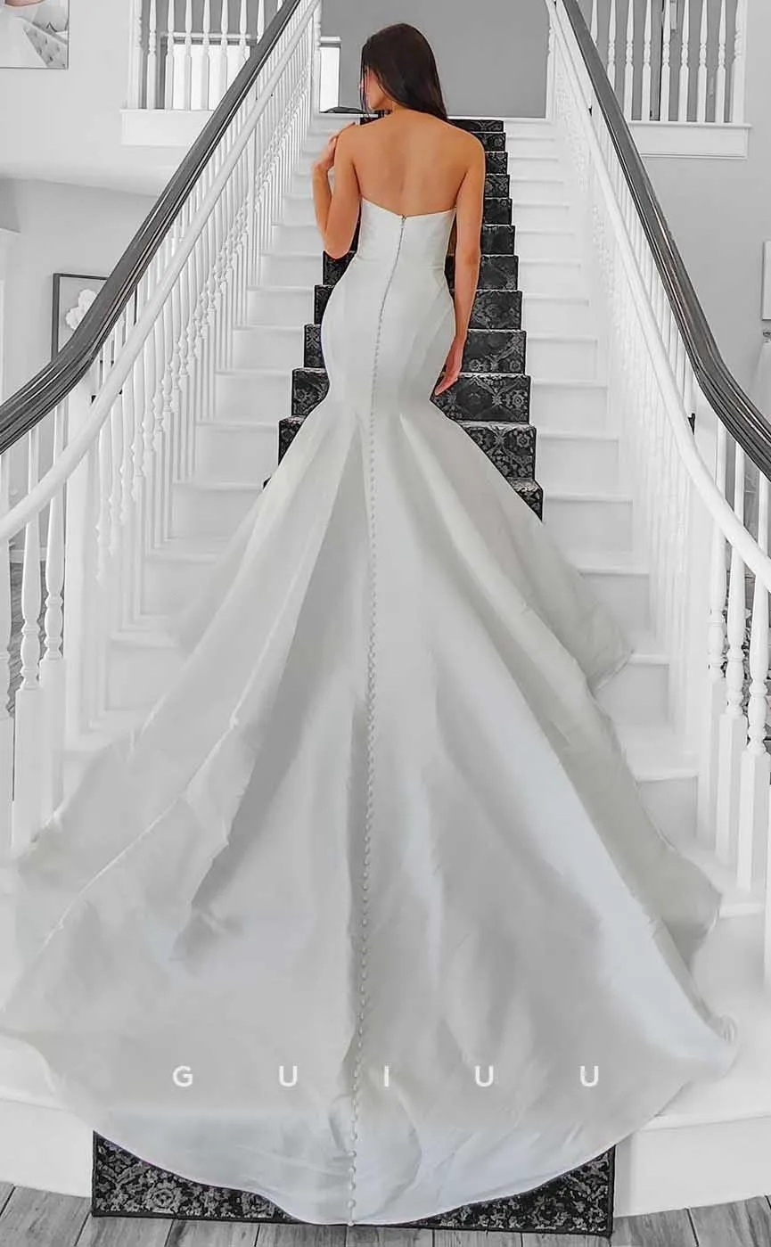 GW856 -  Elegant & Simple Boat Neck Sleeveless Buttons Stain Mermaid Wedding Dress with Train