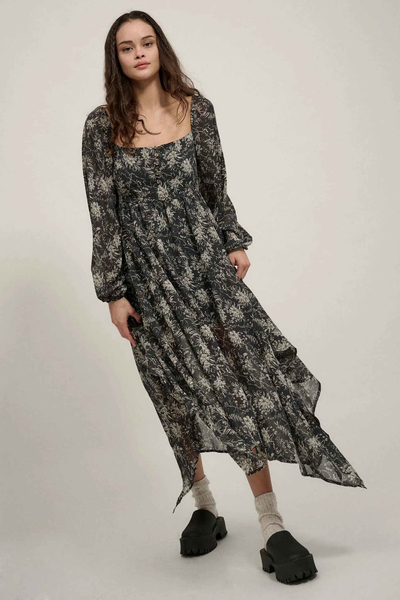 High Spirits Floral Chiffon Handkerchief Maxi Dress