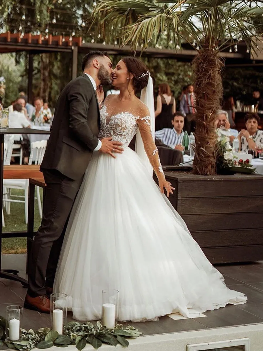 Illusion A-line Wedding Dresses Tulle Long Sleeves Bridal Gowns WD318
