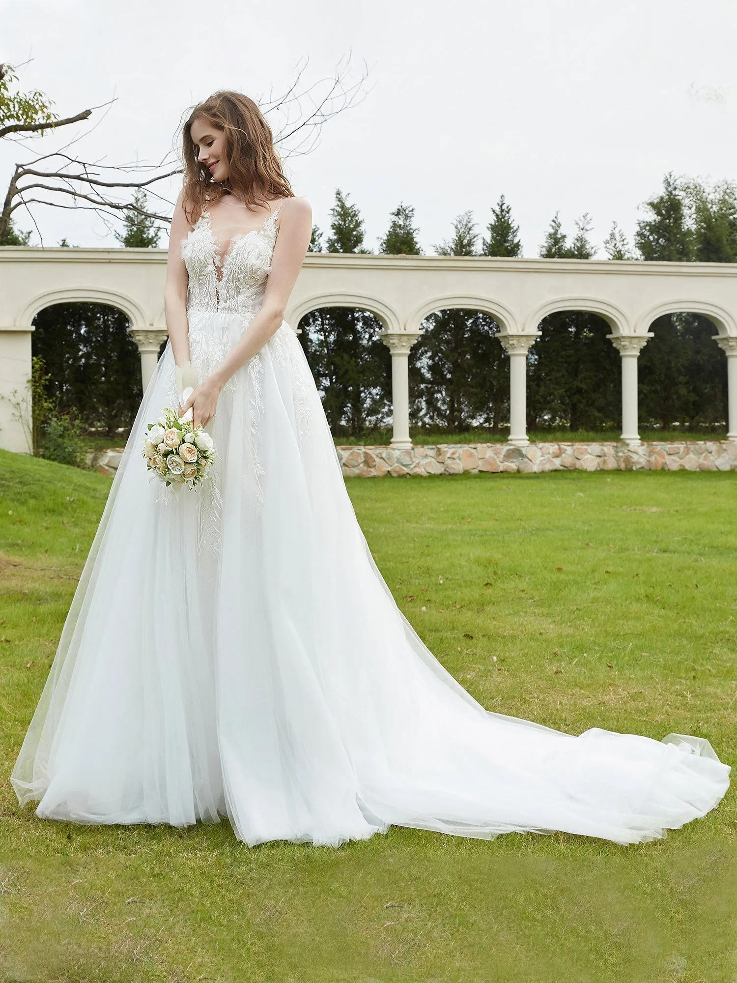 Illusion Plunging V-Neck Lace Bodice Wedding Dress-Ivory