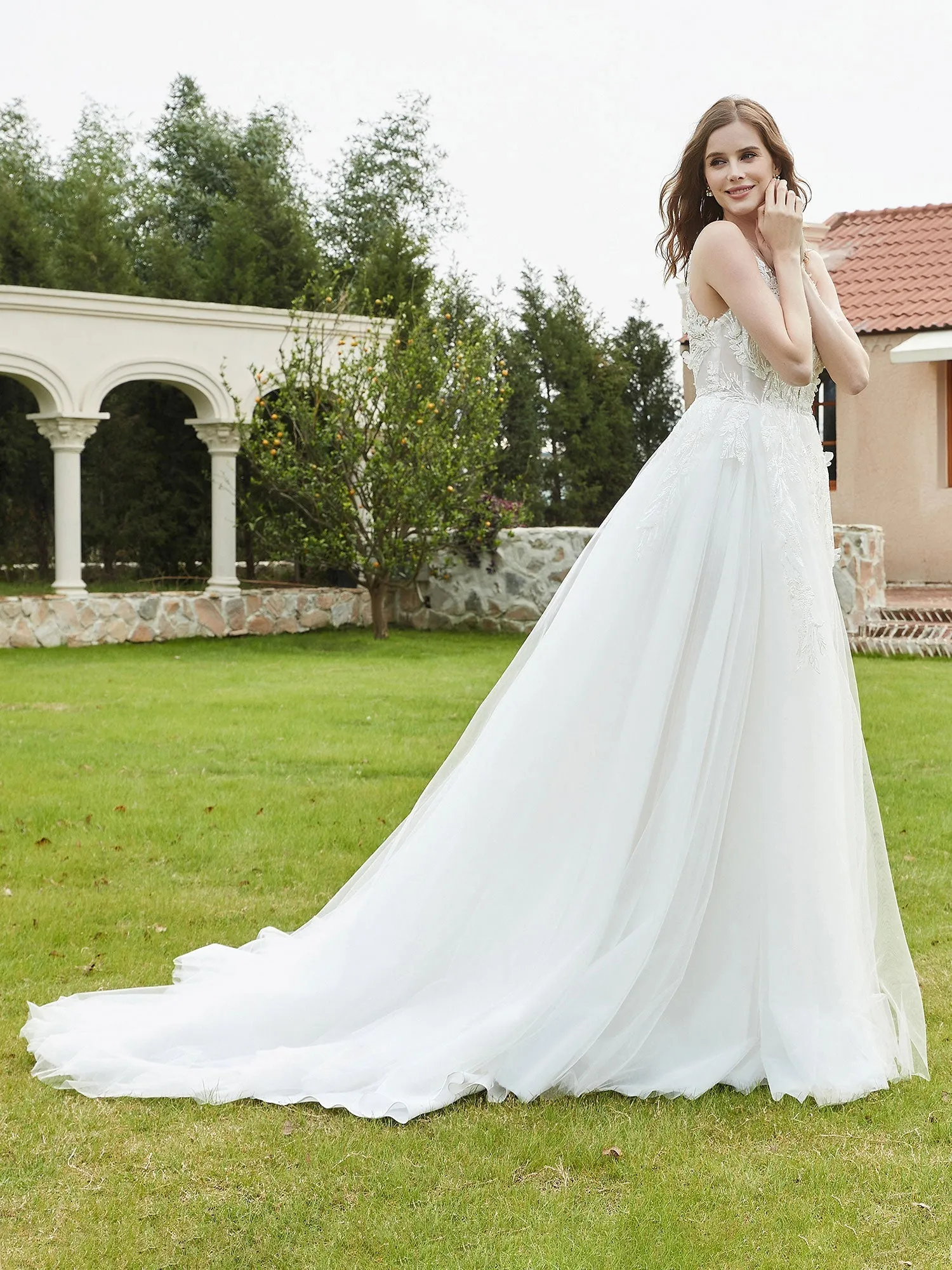 Illusion Plunging V-Neck Lace Bodice Wedding Dress-Ivory