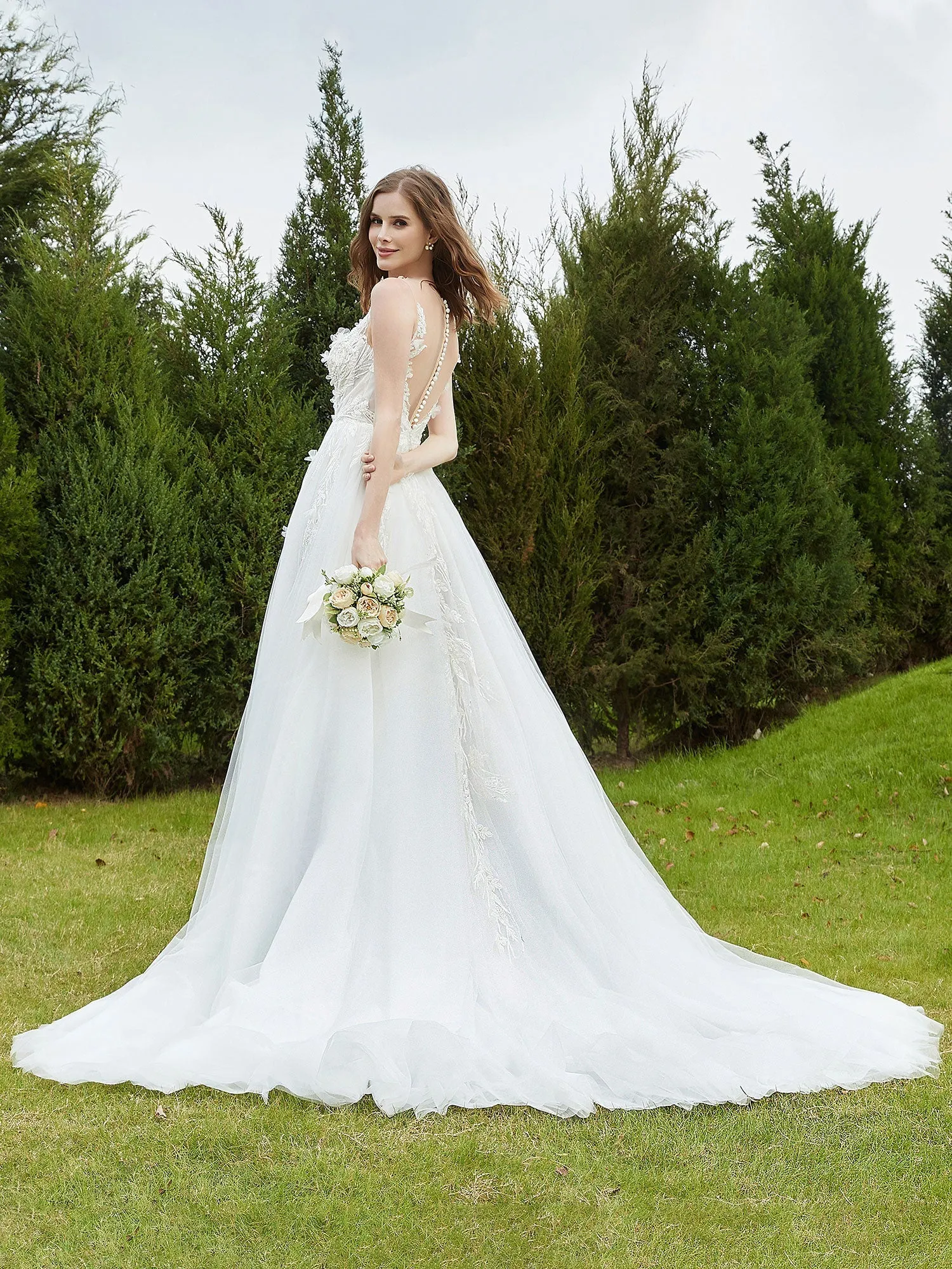 Illusion Plunging V-Neck Lace Bodice Wedding Dress-Ivory