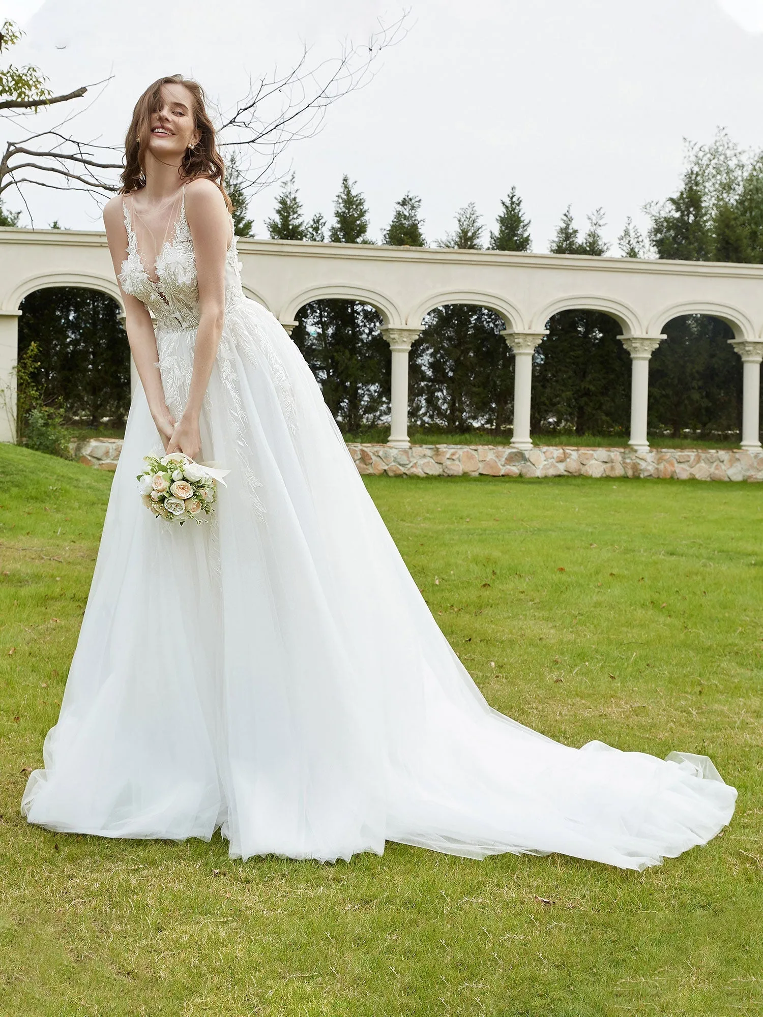 Illusion Plunging V-Neck Lace Bodice Wedding Dress-Ivory