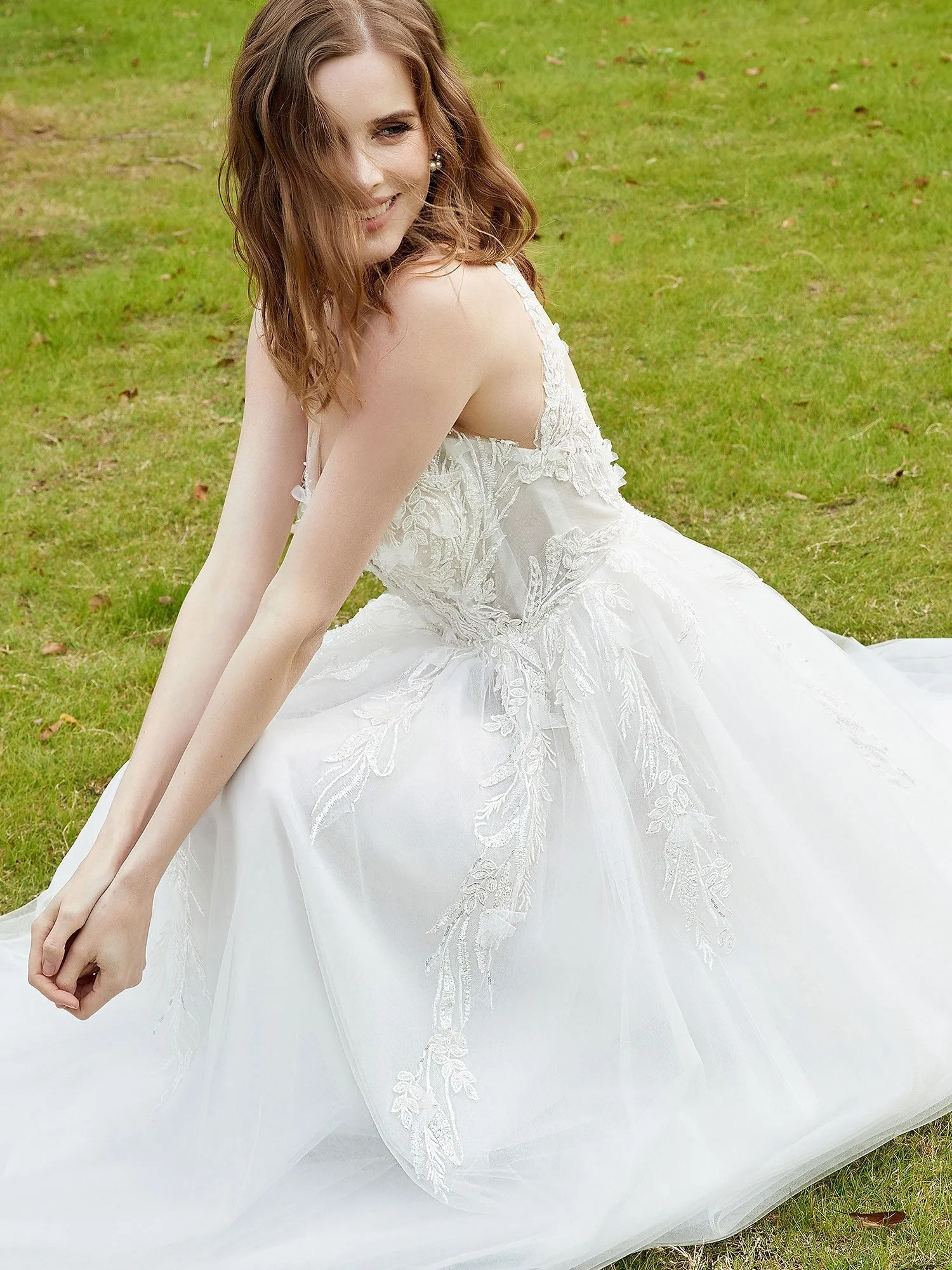 Illusion Plunging V-Neck Lace Bodice Wedding Dress-Ivory