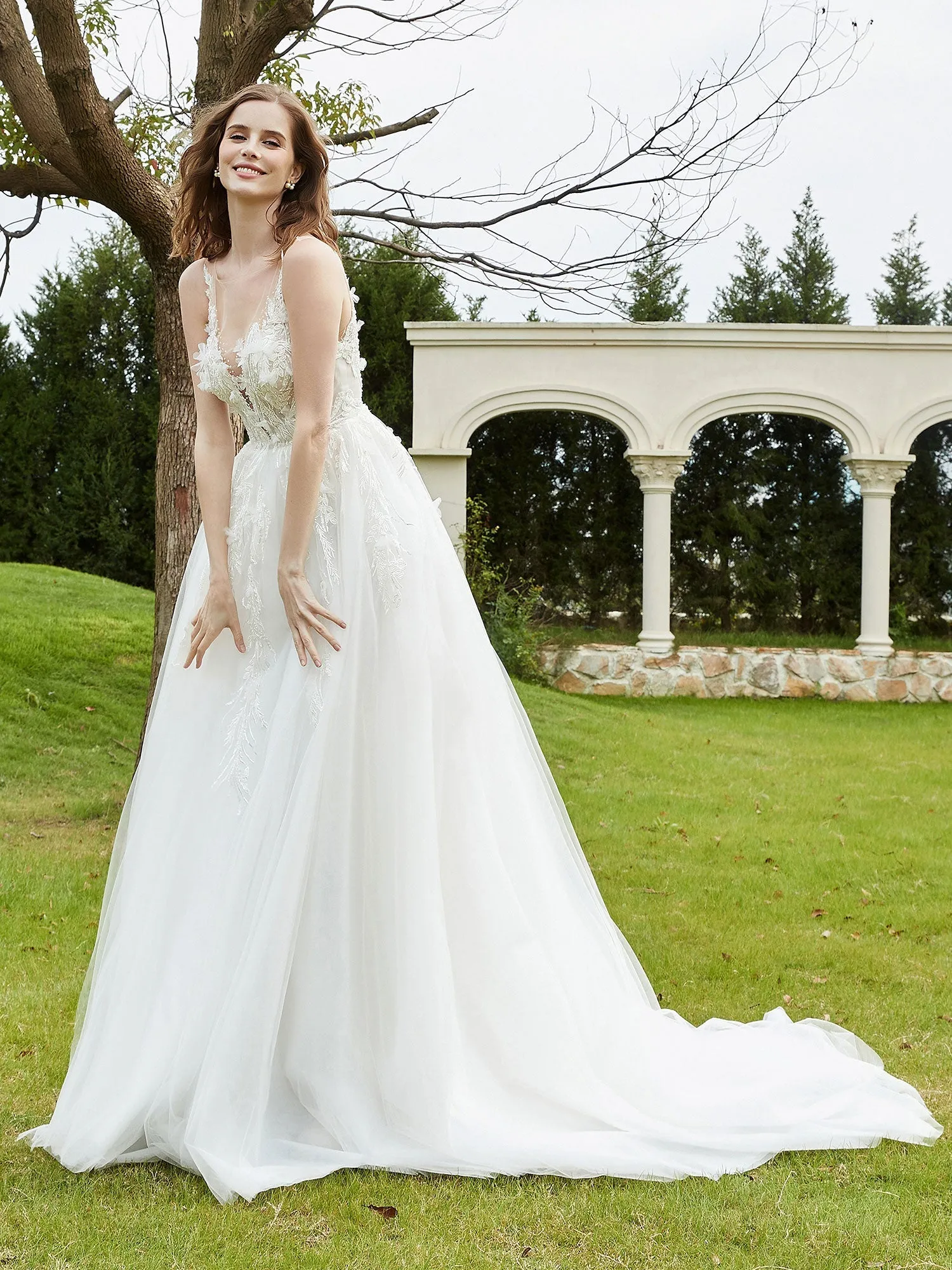 Illusion Plunging V-Neck Lace Bodice Wedding Dress-Ivory