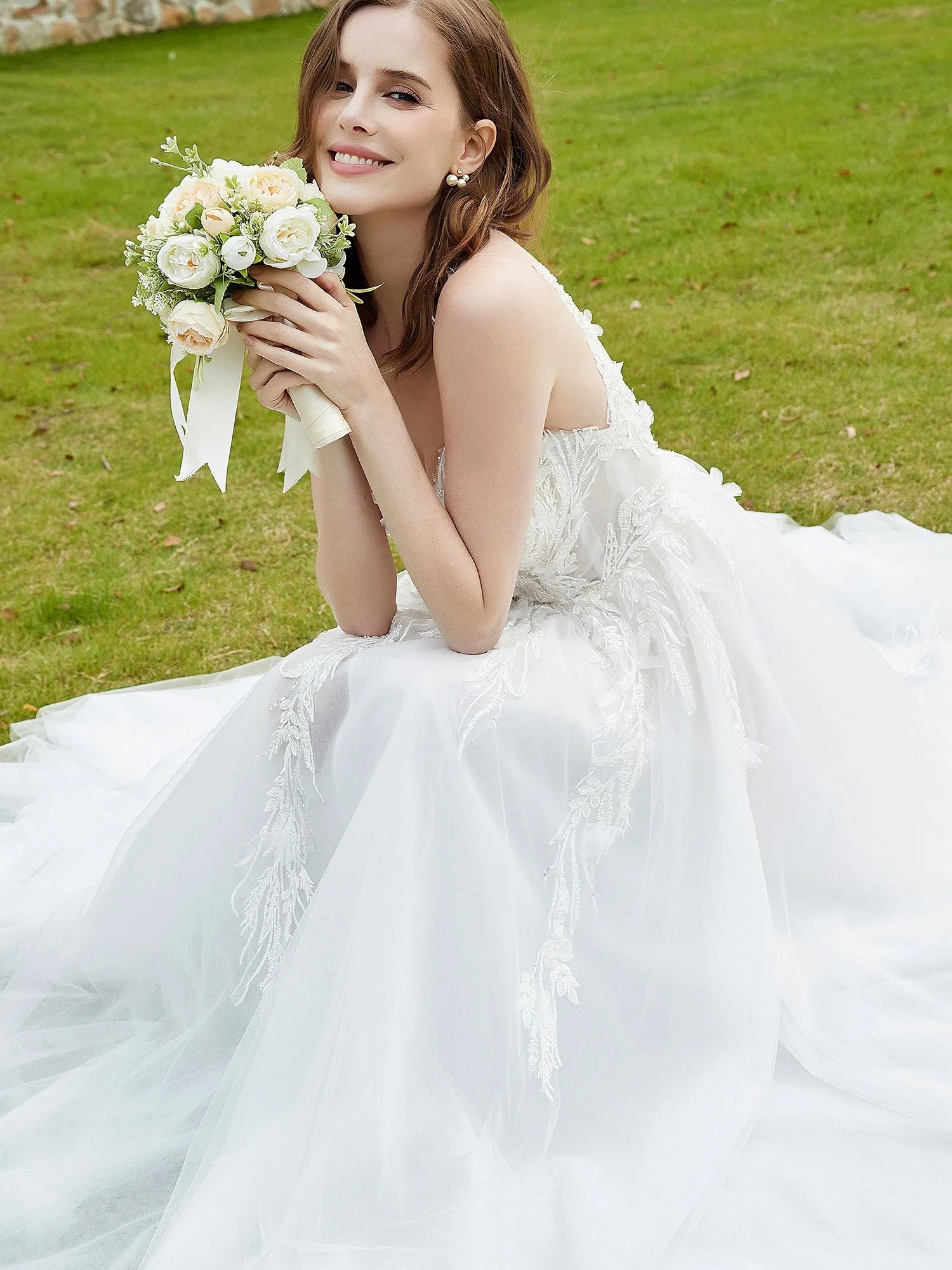 Illusion Plunging V-Neck Lace Bodice Wedding Dress-Ivory