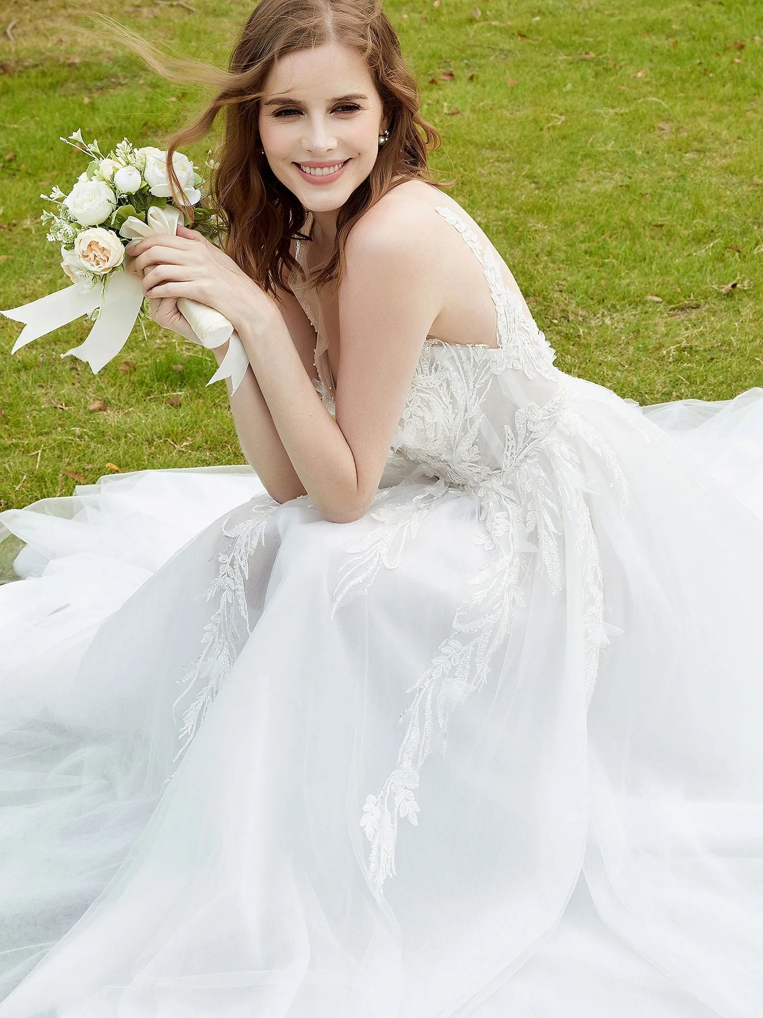 Illusion Plunging V-Neck Lace Bodice Wedding Dress-Ivory