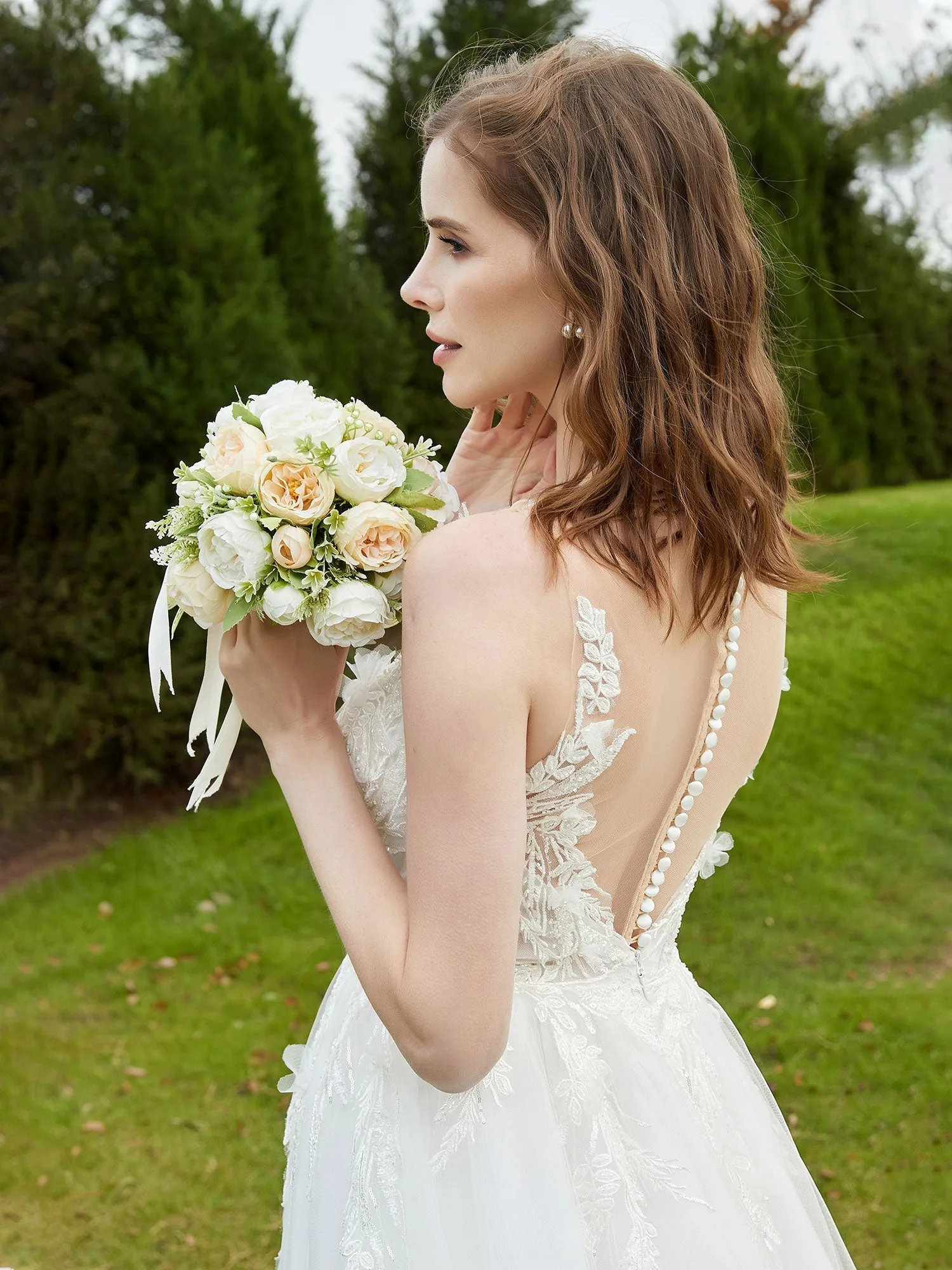 Illusion Plunging V-Neck Lace Bodice Wedding Dress-Ivory