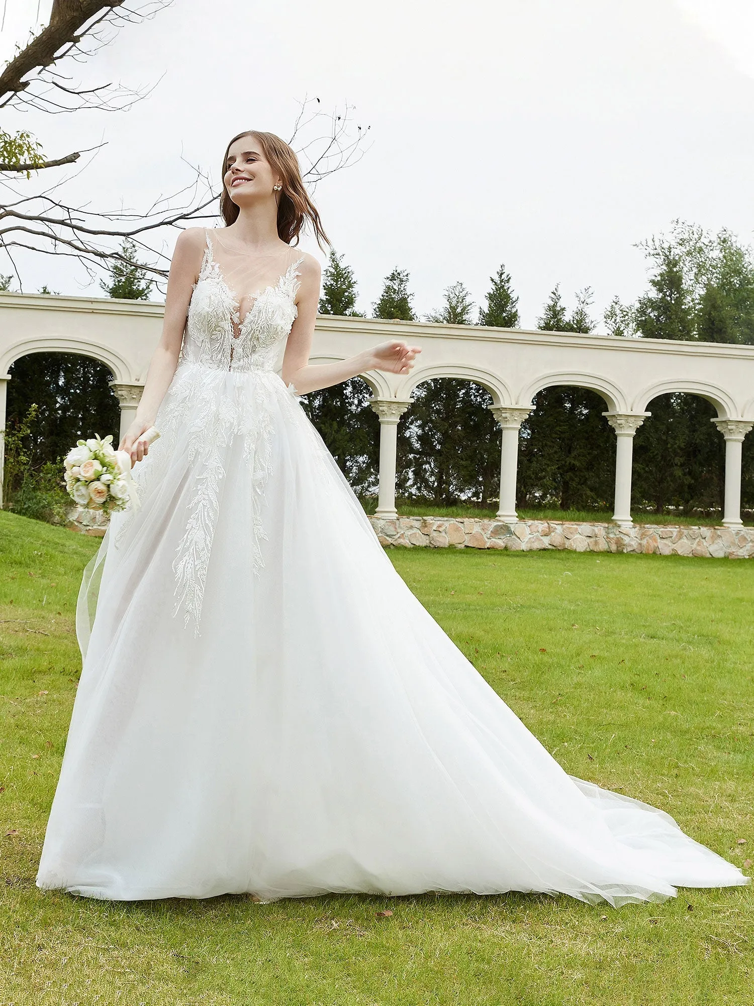 Illusion Plunging V-Neck Lace Bodice Wedding Dress-Ivory