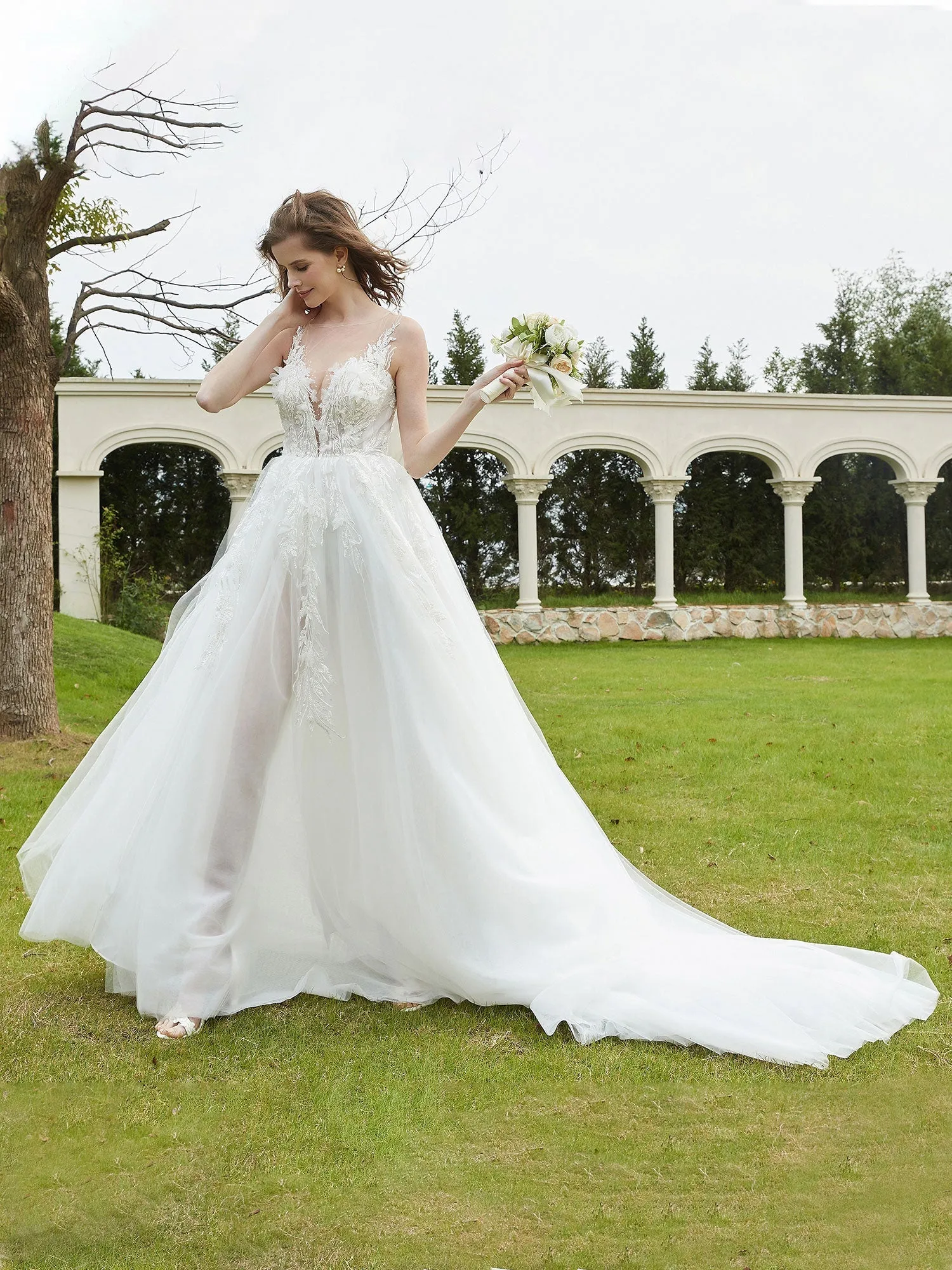Illusion Plunging V-Neck Lace Bodice Wedding Dress-Ivory