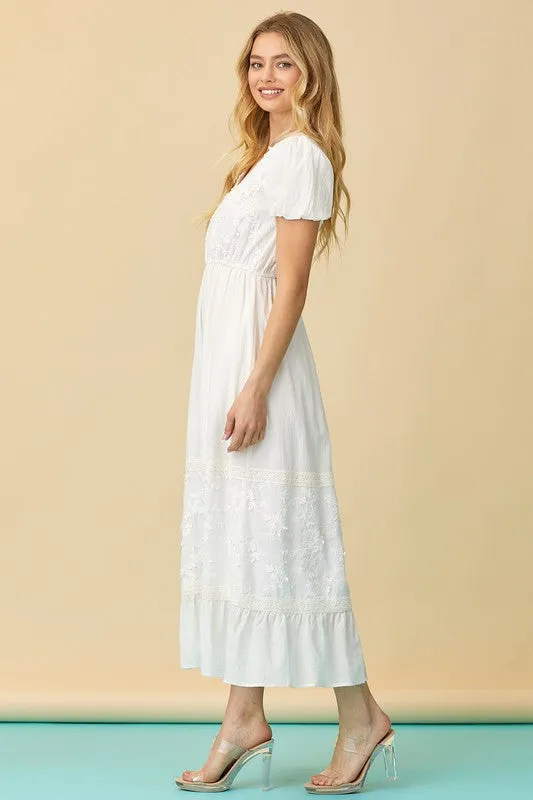 Ivory Embroidered V-neck Maxi Dress