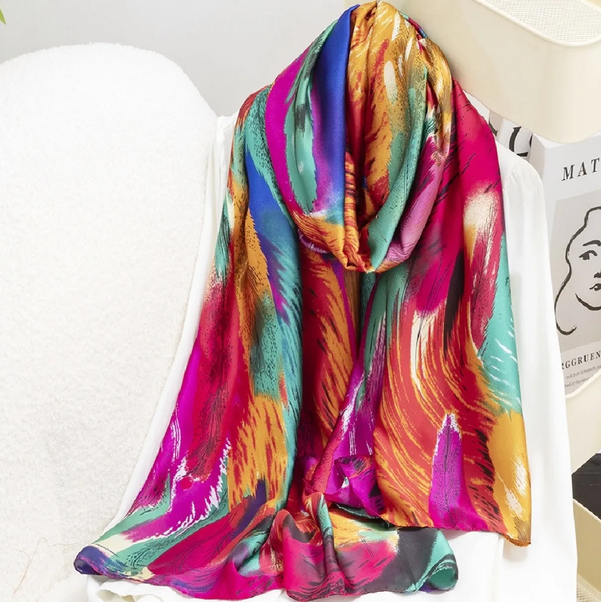 JC023326 Silky Multicolor Feather Artwork Scarf/Shawl