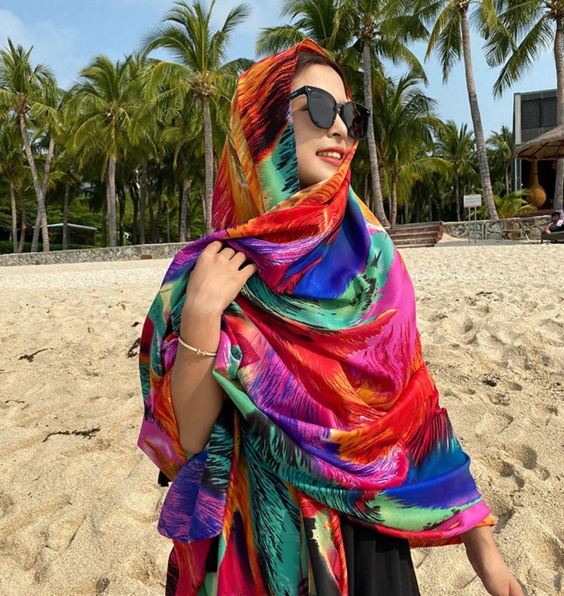 JC023326 Silky Multicolor Feather Artwork Scarf/Shawl
