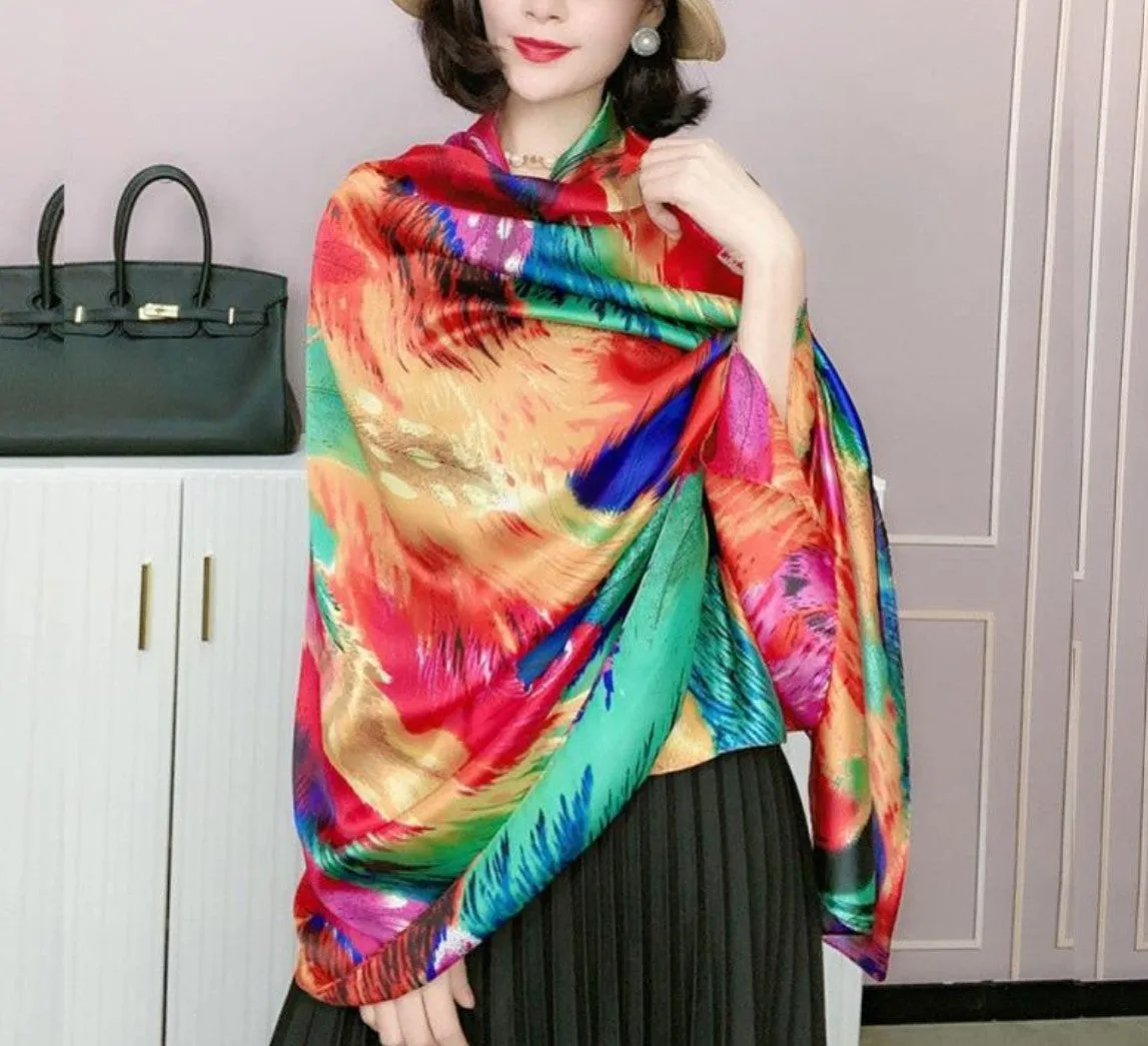 JC023326 Silky Multicolor Feather Artwork Scarf/Shawl