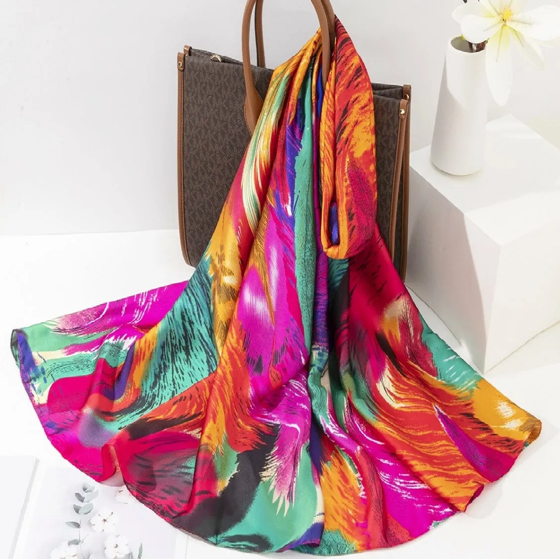 JC023326 Silky Multicolor Feather Artwork Scarf/Shawl