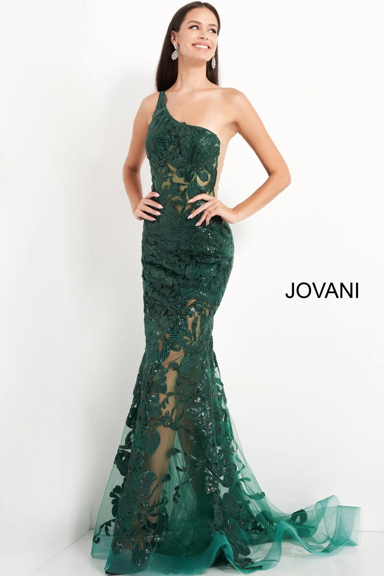 Jovani 02895 Size 8 Long Fitted One Shoulder Sheer Sequin Lace Prom Dress Pageant Gown