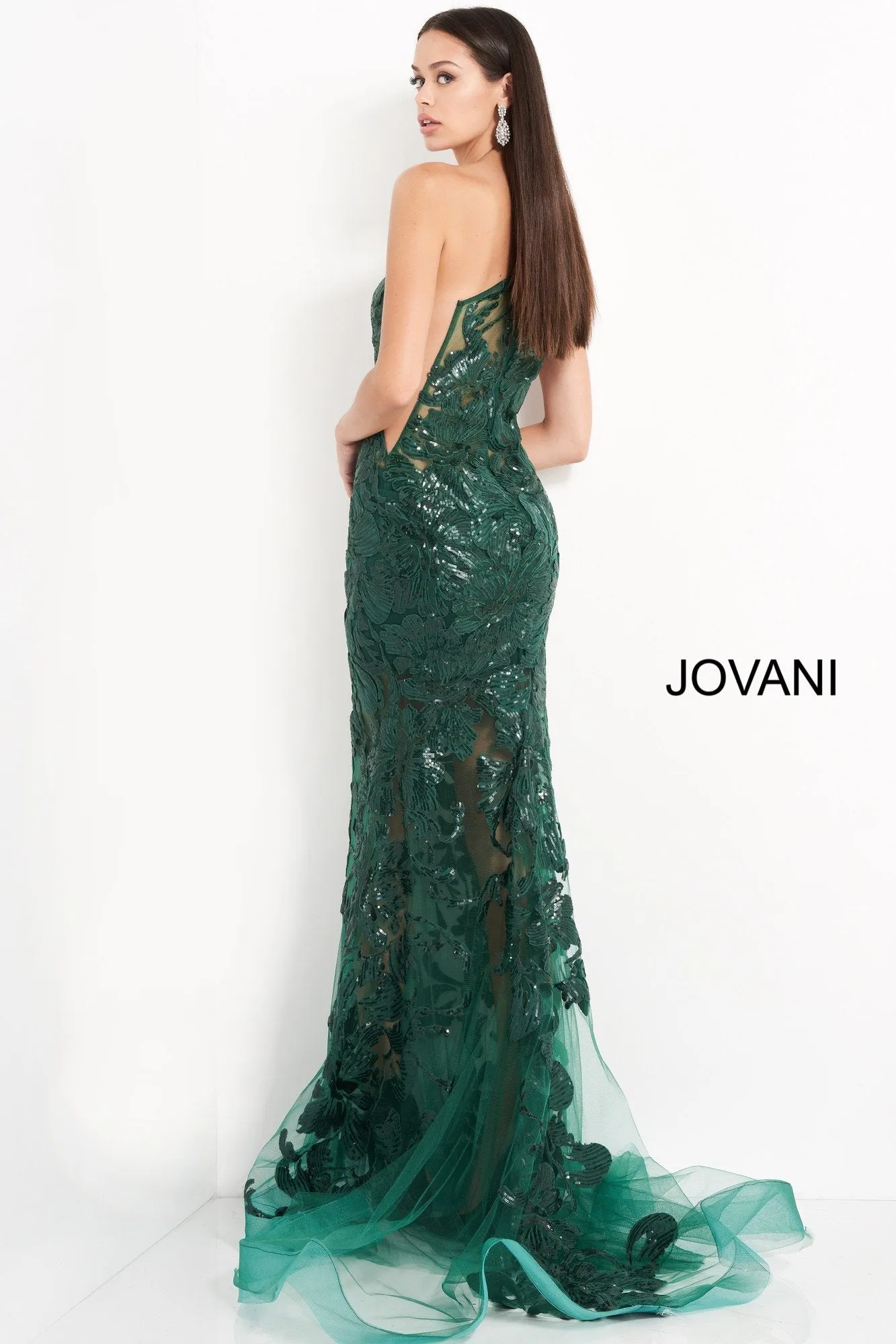Jovani 02895 Size 8 Long Fitted One Shoulder Sheer Sequin Lace Prom Dress Pageant Gown