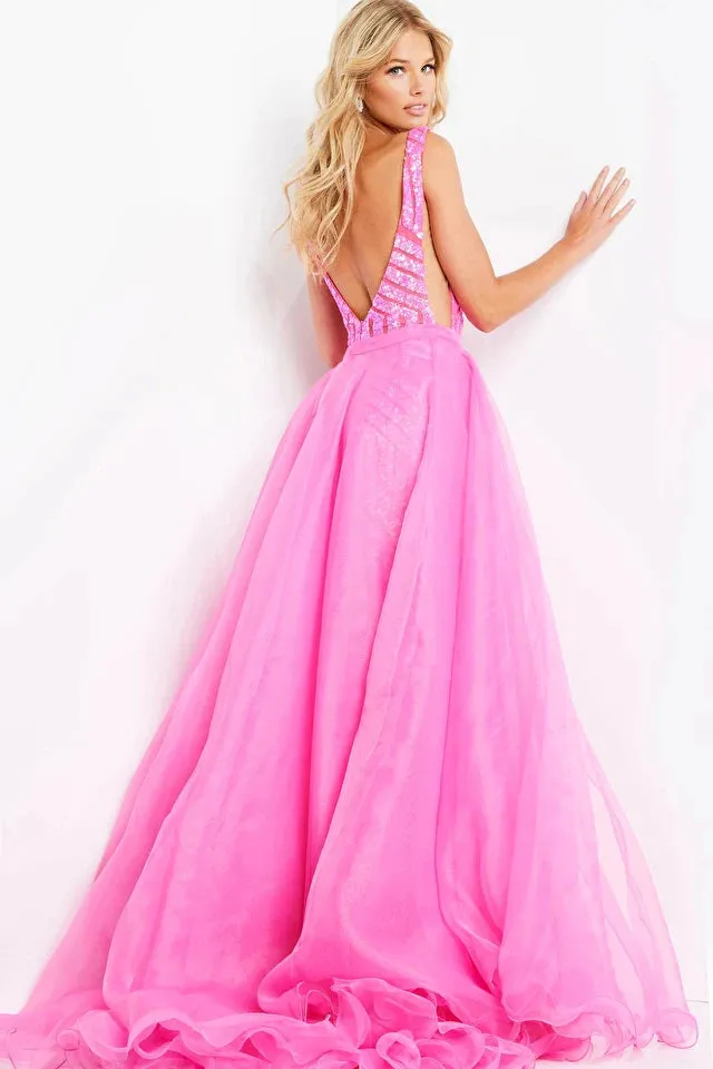 Jovani 25833 Size 12 Hot Pink Long Fitted Sequin Mermaid Pageant Dress Detachable Overskirt Pageant Gown