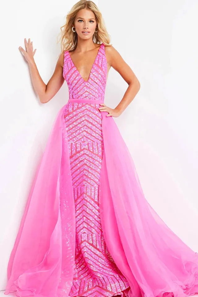 Jovani 25833 Size 12 Hot Pink Long Fitted Sequin Mermaid Pageant Dress Detachable Overskirt Pageant Gown