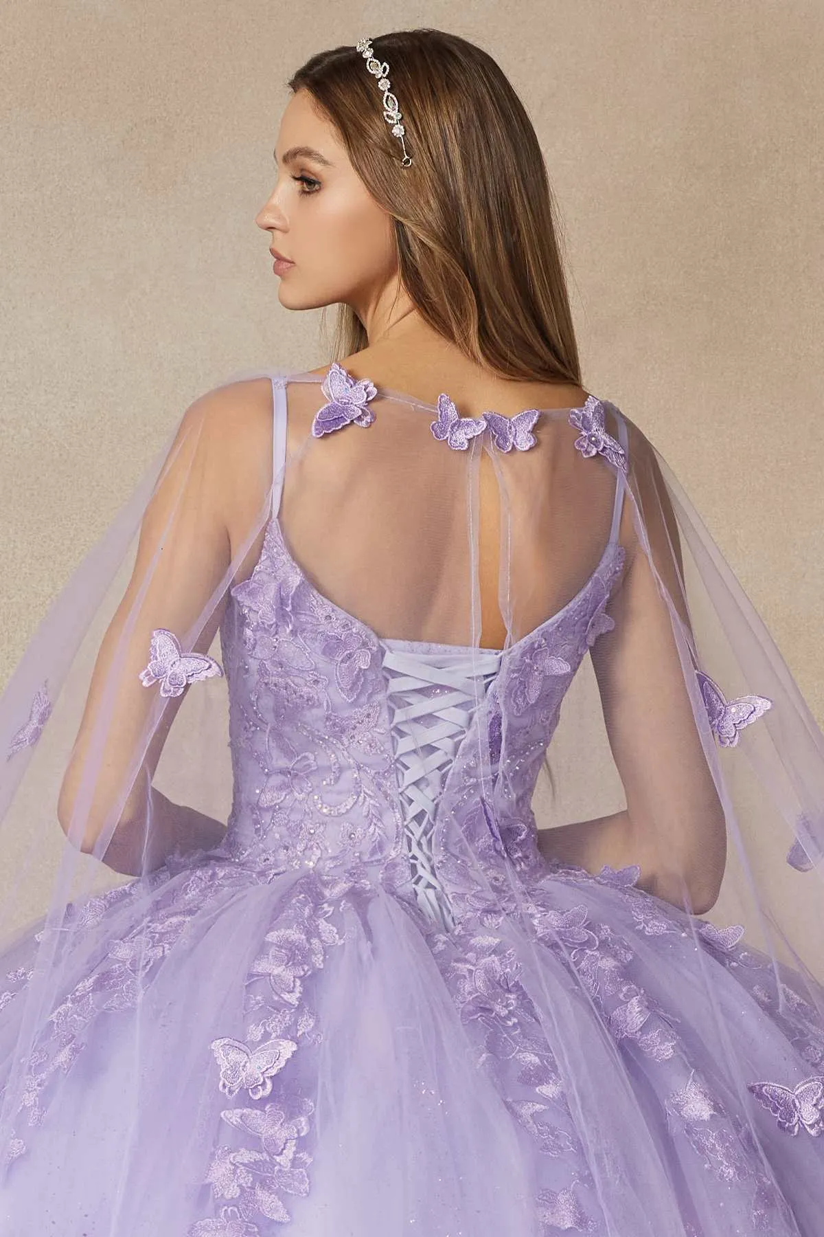 Juliet 1442 Long 3D Butterfly Appliques Strapless Bodice Cape Quinceanera Dress