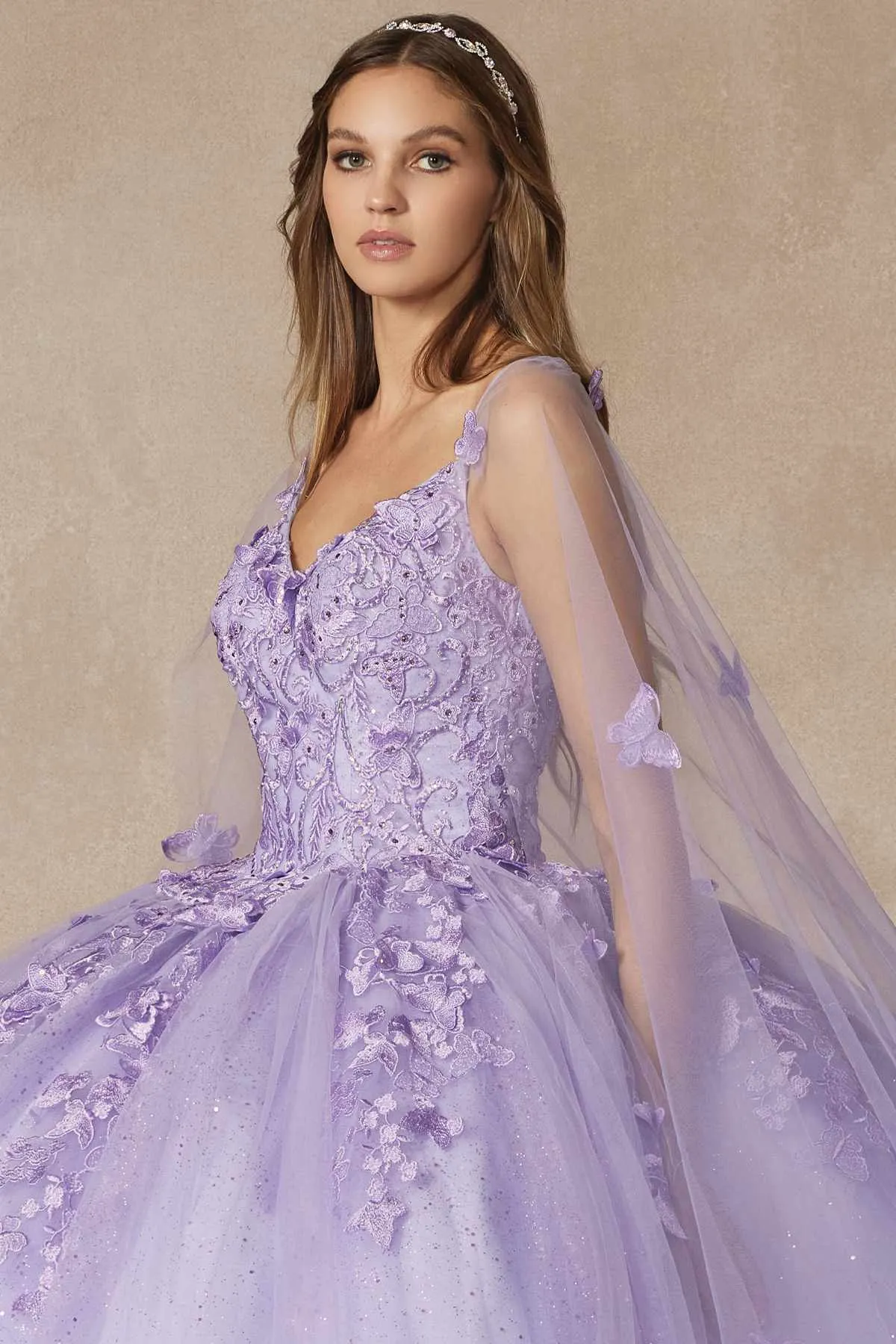 Juliet 1442 Long 3D Butterfly Appliques Strapless Bodice Cape Quinceanera Dress