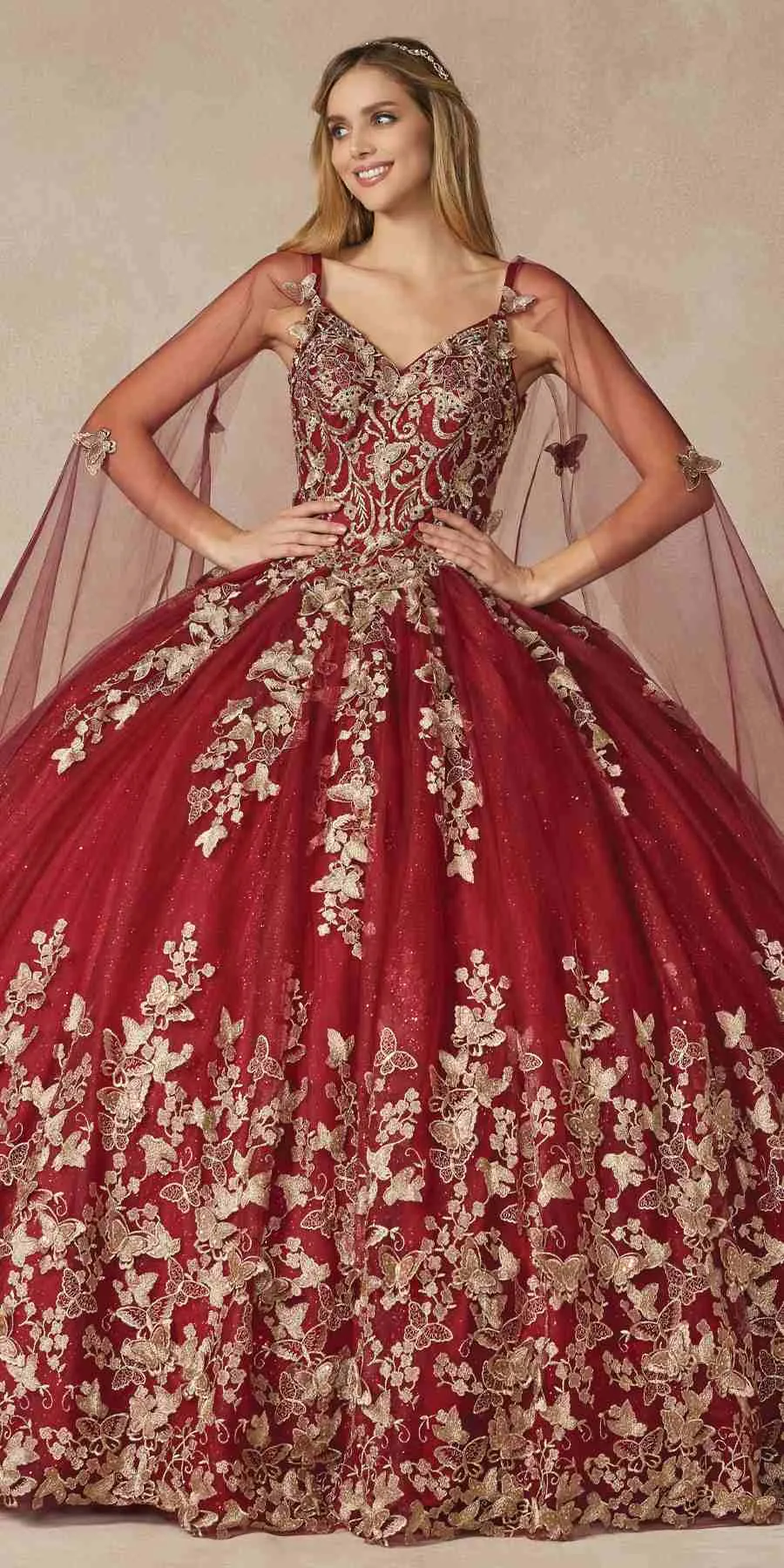 Juliet 1442 Long 3D Butterfly Appliques Strapless Bodice Cape Quinceanera Dress