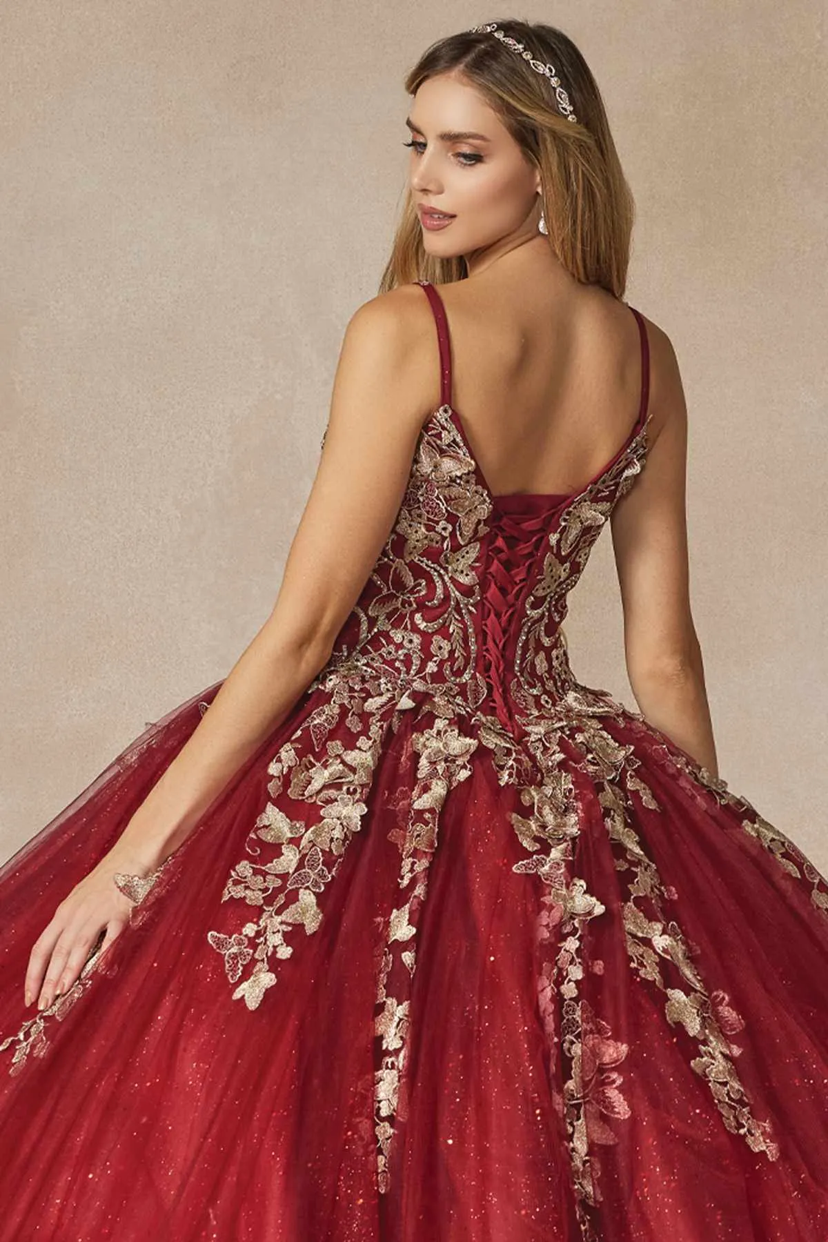 Juliet 1442 Long 3D Butterfly Appliques Strapless Bodice Cape Quinceanera Dress