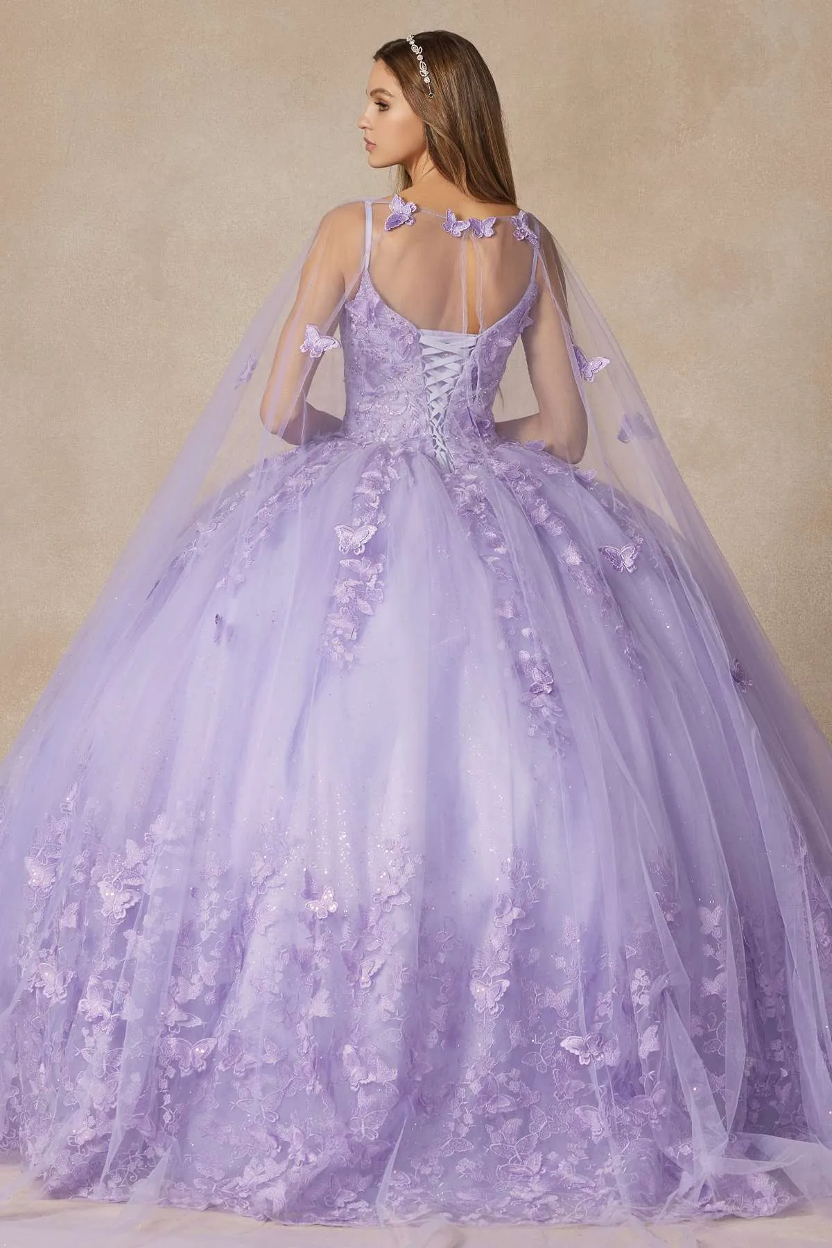 Juliet 1442 Long 3D Butterfly Appliques Strapless Bodice Cape Quinceanera Dress