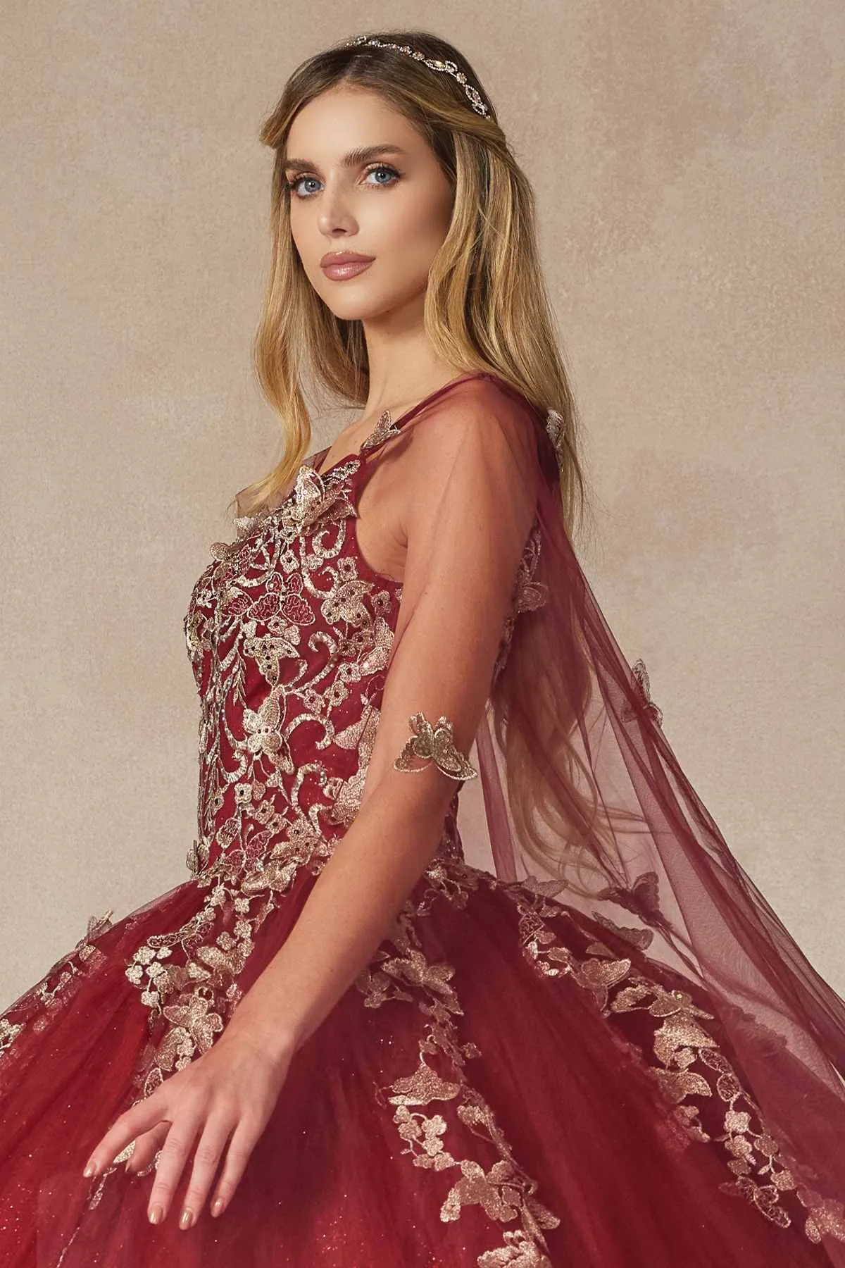 Juliet 1442 Long 3D Butterfly Appliques Strapless Bodice Cape Quinceanera Dress