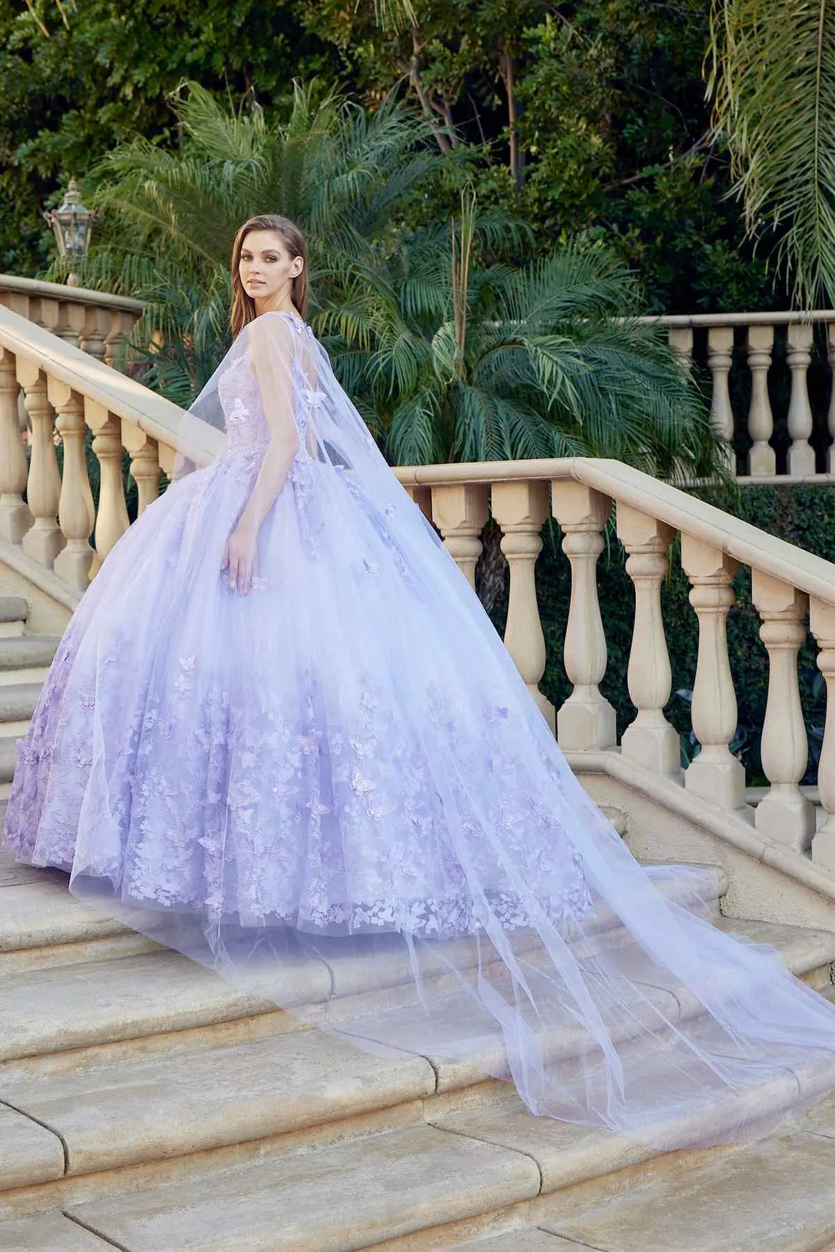 Juliet 1442 Long 3D Butterfly Appliques Strapless Bodice Cape Quinceanera Dress