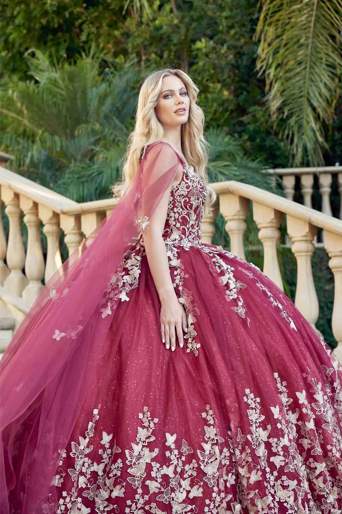 Juliet 1442 Long 3D Butterfly Appliques Strapless Bodice Cape Quinceanera Dress